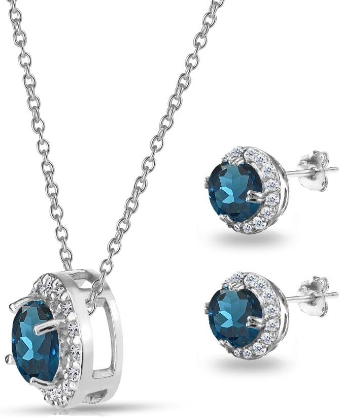 B. BRILLIANT Sterling Silver Genuine, Created or Simulated Gemstone Round Halo Necklace & Stud Earrings Jewelry Set for Women w/Gift Box - Image 5
