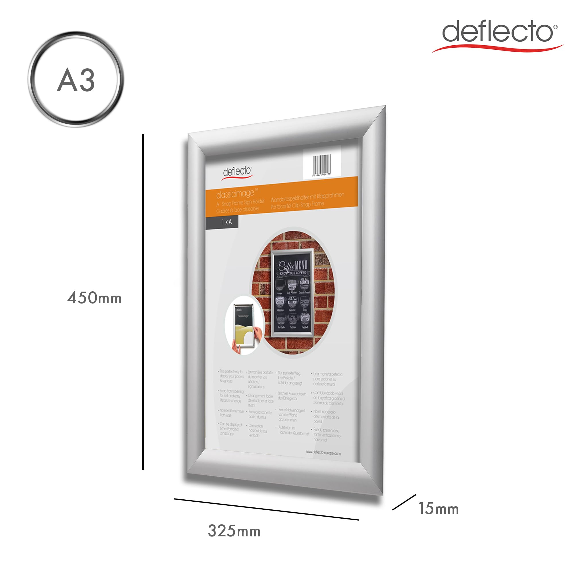 Deflecto Lot 5 Cadres Photo A3 Argentés Aluminium Fixation Murale Ouverture Frontale