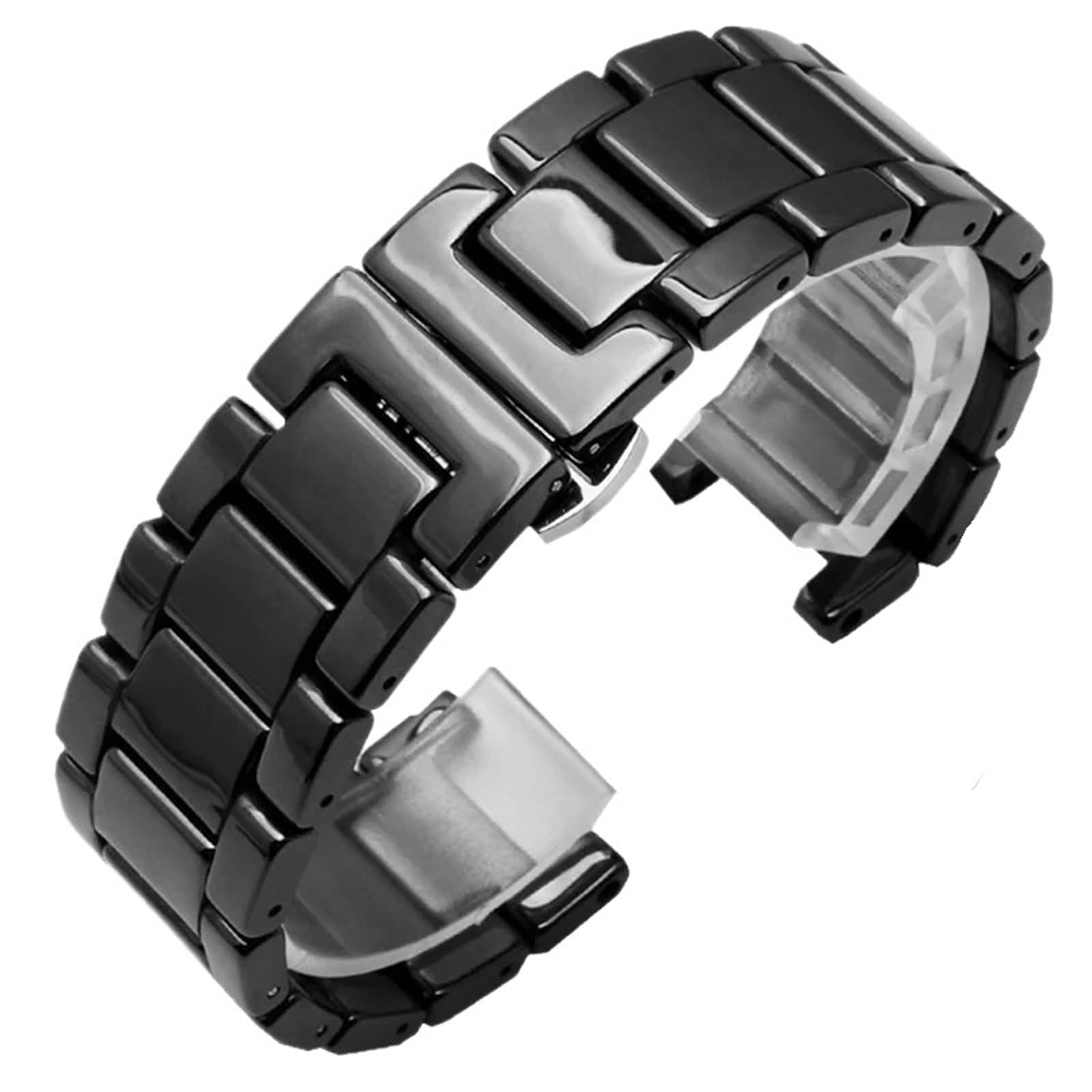Correa de Reloj de cerámica cóncava de 20 x 11 mm, 18 x 10 mm y 16 x 8 mm para Hombre y Mujer (Negro, 16,9 mm)