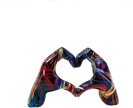 Graffiti Heart Hands Sculpture, Colorful Handcrafted Resin Love Gesture Statue Abstract Street