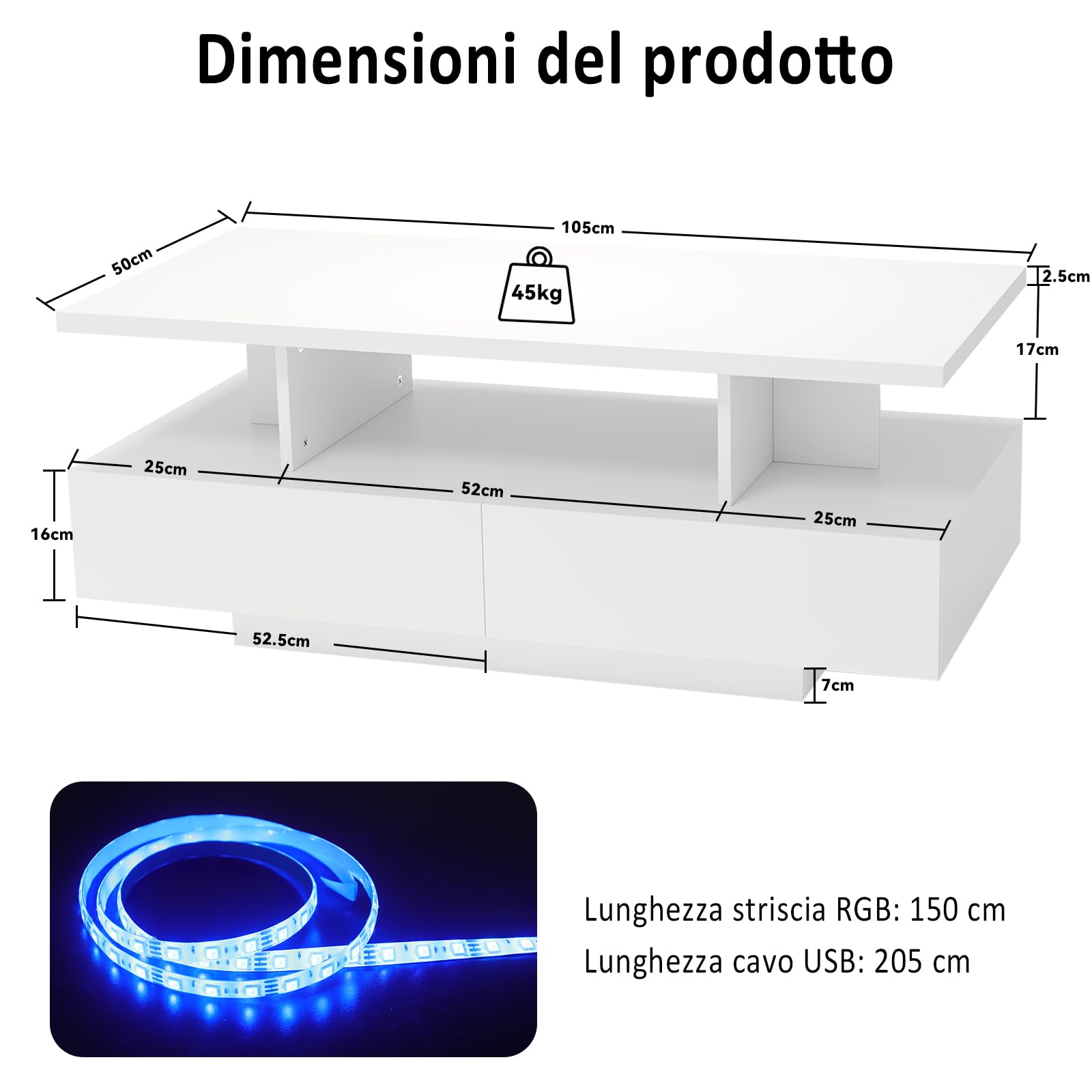 YU YUSING Tavolino Salotto Moderno con 2 Cassetti, Tavolino da Caffè con 2 Ripiani, Coffee Table, 60000 Colori di Luce Regolabili, Telecomando, Controllo tramite App, Modalità Musicali, Bianco