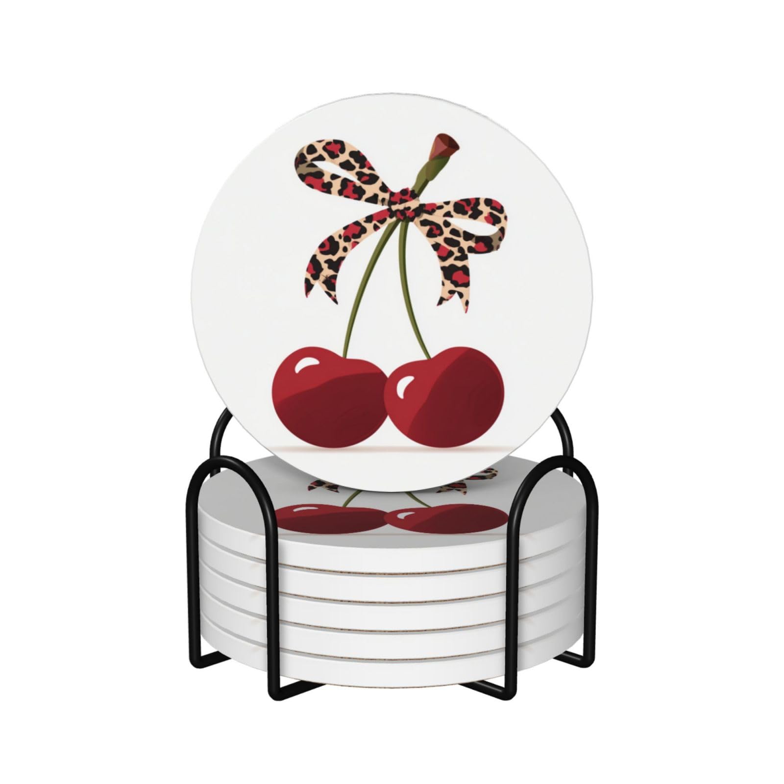 Two Red Cherries with Leopard Print Ribbon Bow Ceramic Coasters with Holder 6ps