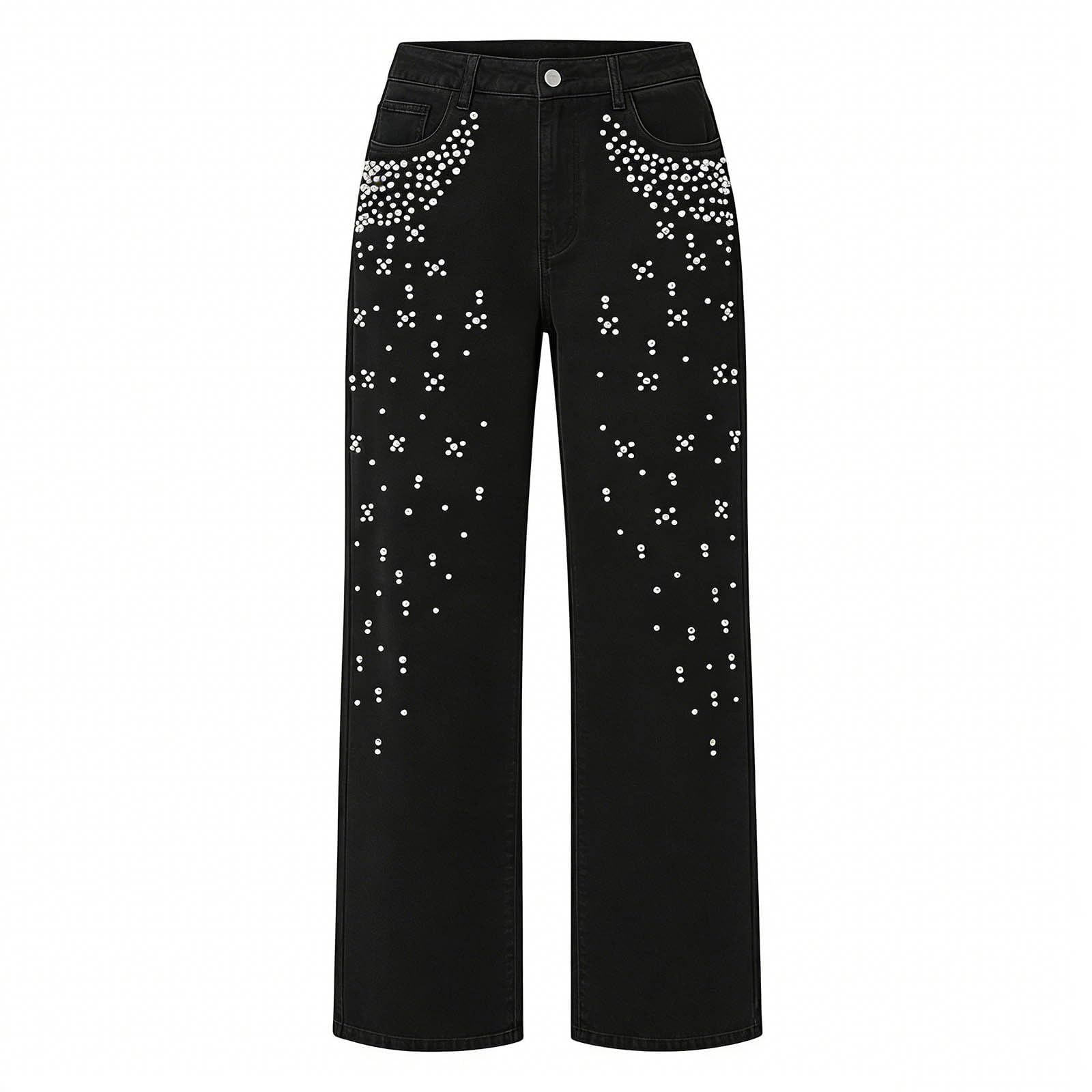 Pantalones Vaqueros De Mujer con Perlas Y Pedrería, Estilo Y2k; Corte Recto Y Ancho De Tiro Alto, Estilo Boyfriend Holgado, Casual Y De Tendencia.