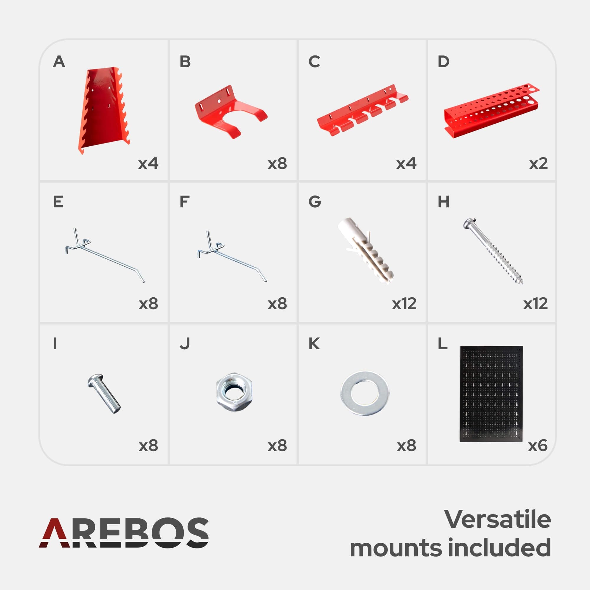 Arebos Panel Portaherramientas de Pared 6 Piezas | Kit con 34 Ganchos | 235,2x59,5 cm | Panel Perforado Metálico para Taller | Soportes para Herramientas | Incluye Material de Montaje | Rojo