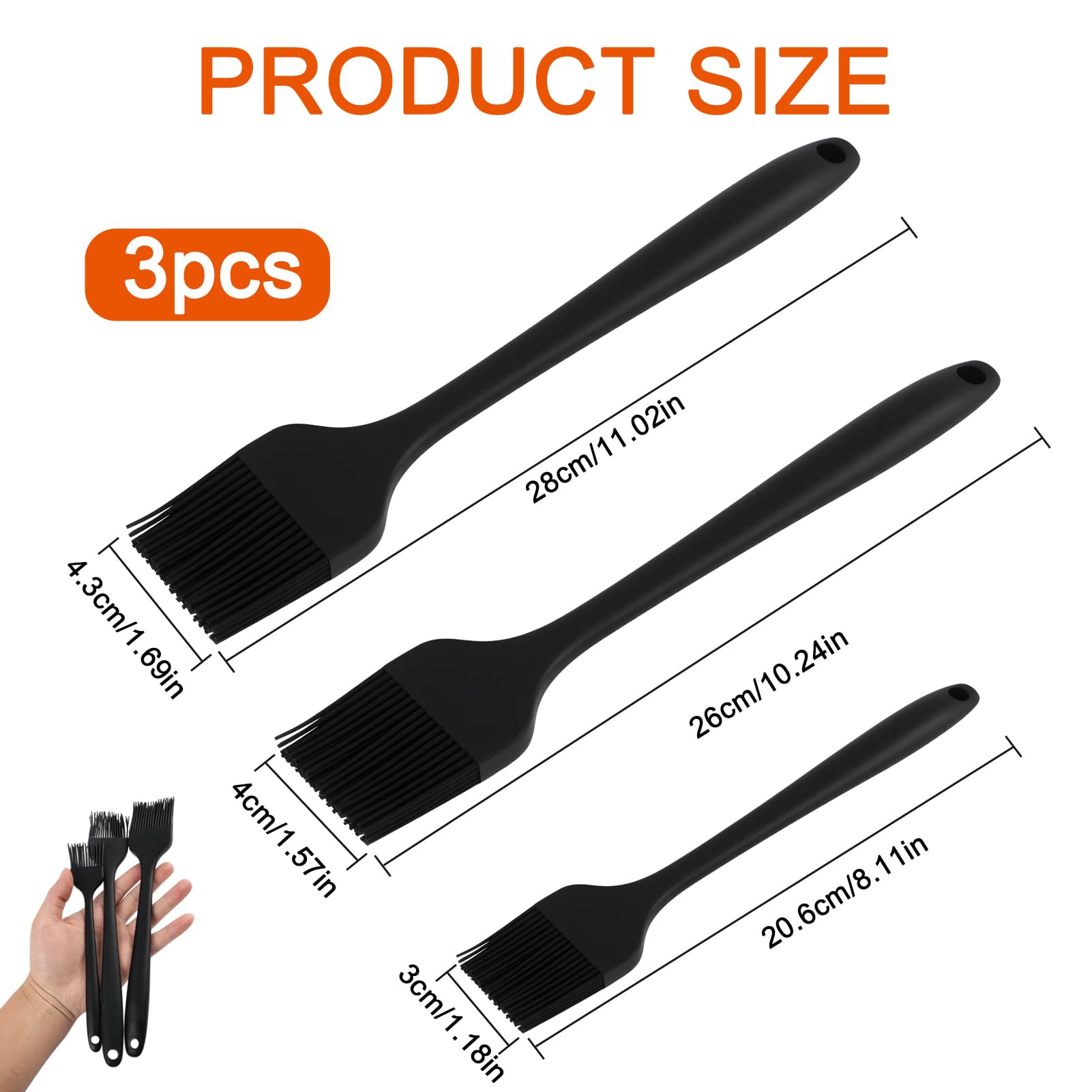 Lot de 3 pinceaux de cuisson en silicone résistant à la chaleur sans BPA pour barbecue, marinades, glaçage