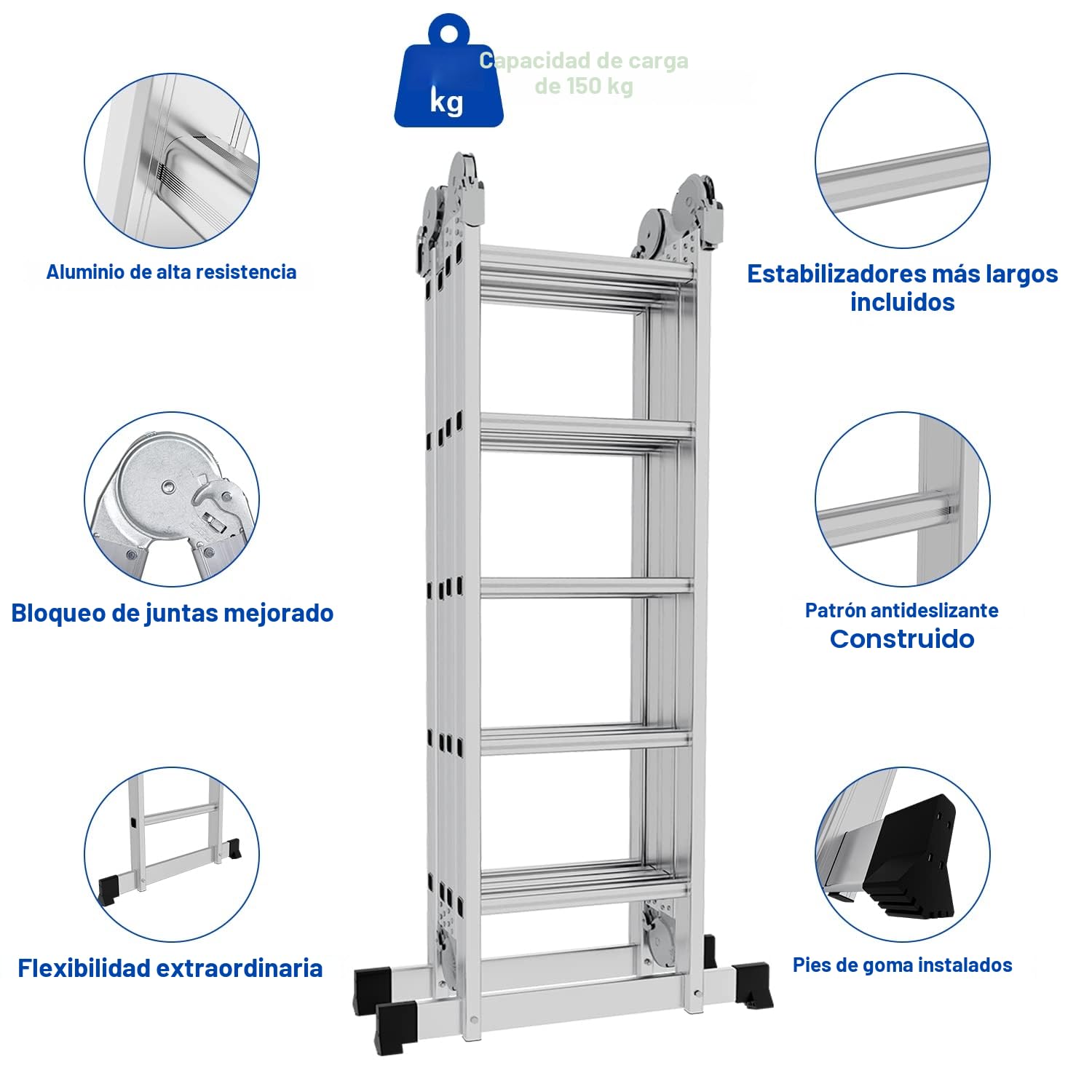 Escalera Multifunción de Aluminio 7 en 1 - 5,82 m, 4 x 5 Peldaños, 2 Placas de Andamios, 2 Ruedas - Plegable, de Trabajo, Doméstica - Hasta 150 kg