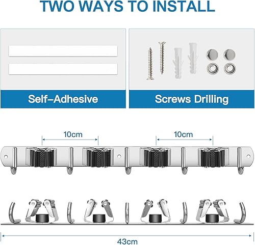 Miniatura 6 de IMILLET - 2 Soportes de Pared para Escobas Montados, Soporte de Acero Inoxidable para Escobas y Fregonas con Ganchos Autoadhesivos y Resistente,