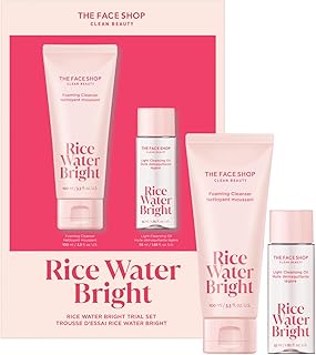 The Face Shop Rice Water Bright Vegan Double Cleanse Trial Set, Travel Size, Foaming Cleanser & Mini Cleansing Oil, Korean Skin Care, Gentle Face Cleanser & Pore Control, Moisturizing Makeup Remover
