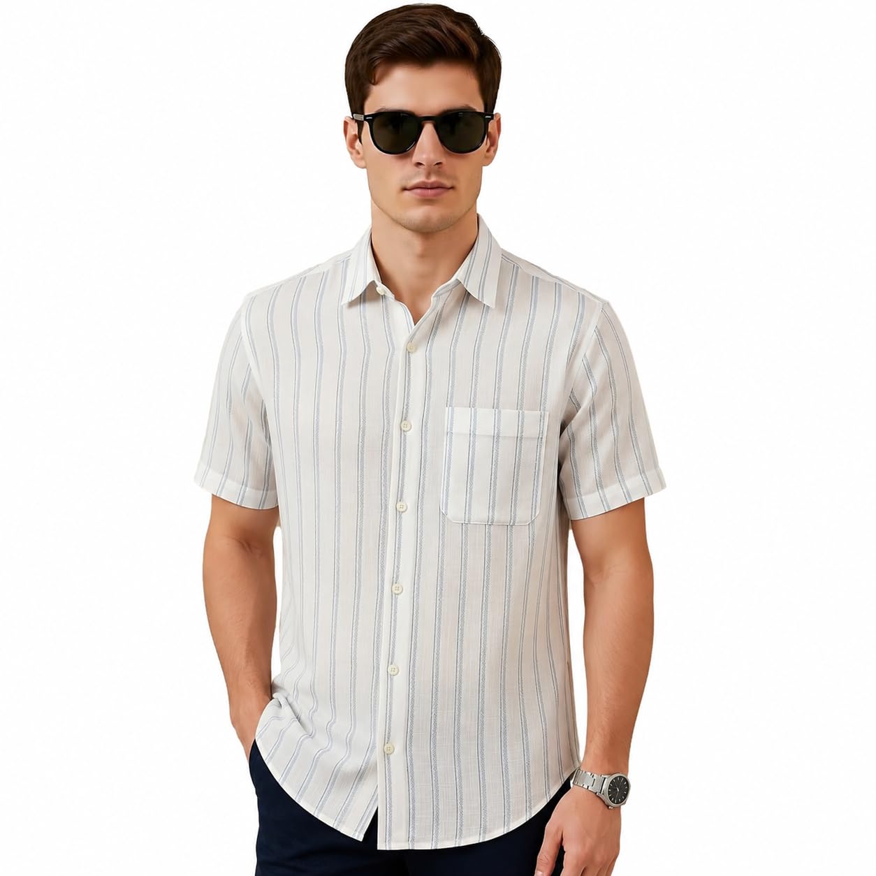 lsd Men's Cotton Linen Striped Casual Shirt - Half Sleeve Regular Fit Trendy Stylish Shirt with Pocket for Men, Office Party-picture-24
