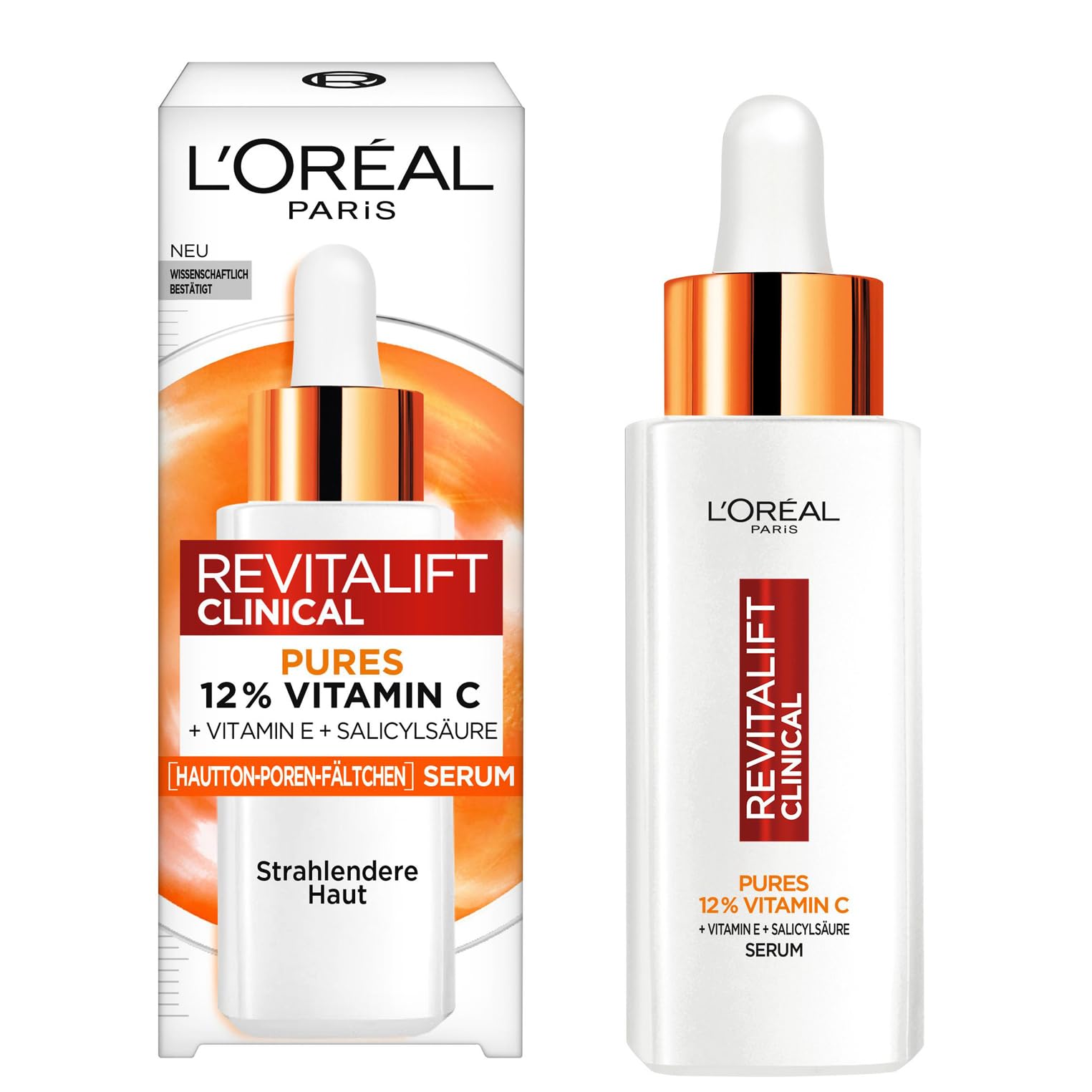 L'Oréal Paris Pures 12% Vitamin C Serum für Frauen: verbessertes Hautbild mit 12% Pure Vitamin C + Vitamin E + Salicylsäure, Revitalift Clinical, 1x 30ml