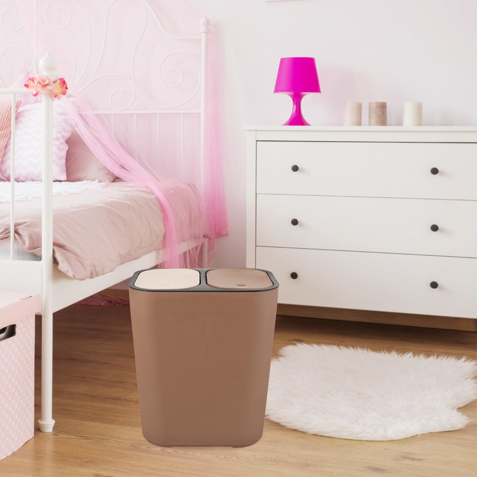 Pattumiera Due Scomparti in Plastico per Casa, Doppio Strato Grandi Aperture per Rifiuti, Design Semplice e Funzionale per Camera da Letto