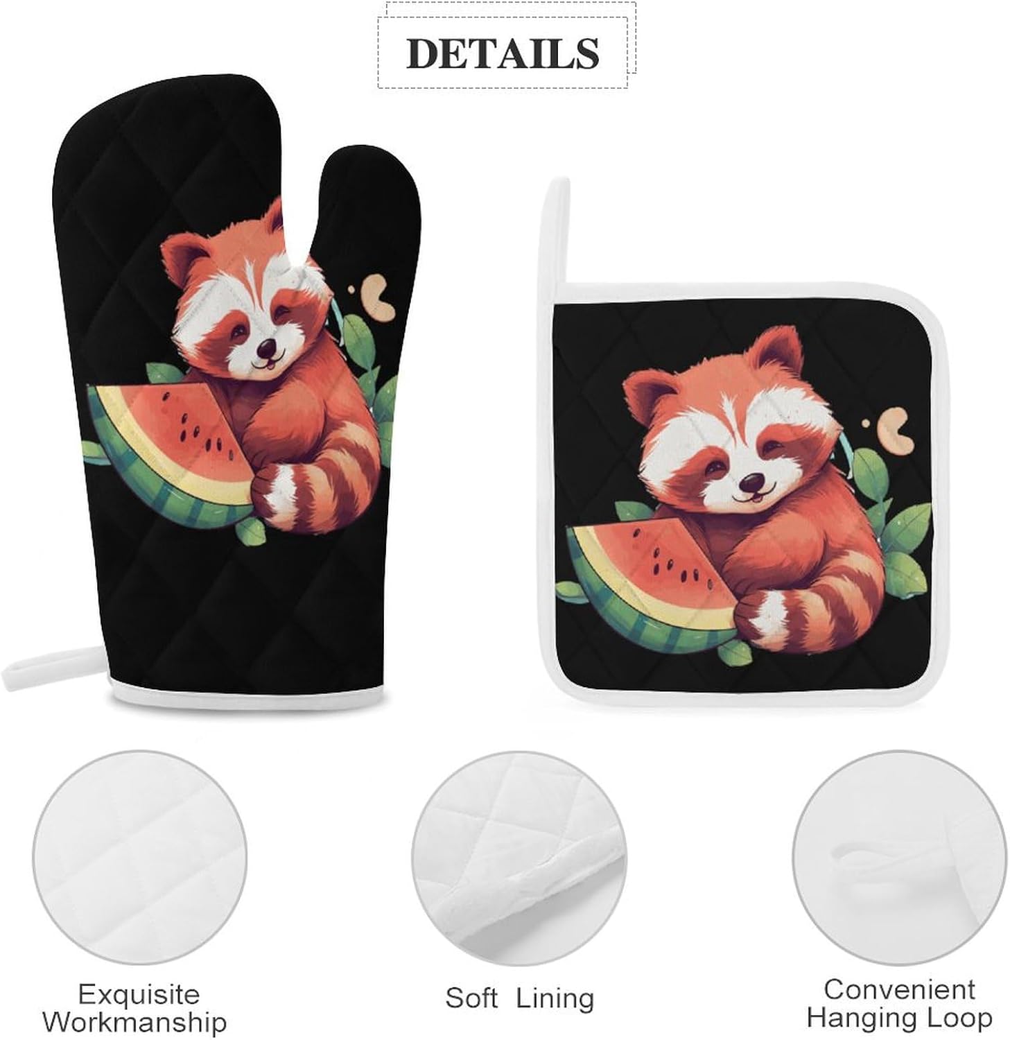 Red Panda Watermelon Pattern 4 Pcs Oven Mitts and Pot Holders Set High Heat Resistant Long Kitchen Oven Glove Potholders