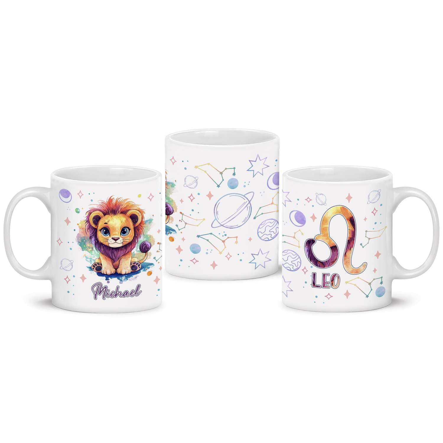 Personalized Astrological Lion Design White Cup, Custom Leo Zodiac Sign Ceramic Mug 11oz 15oz, Customized Coffee Cup With Name, Horoscope Themed Full Wrap, Gift For Boys, Girls