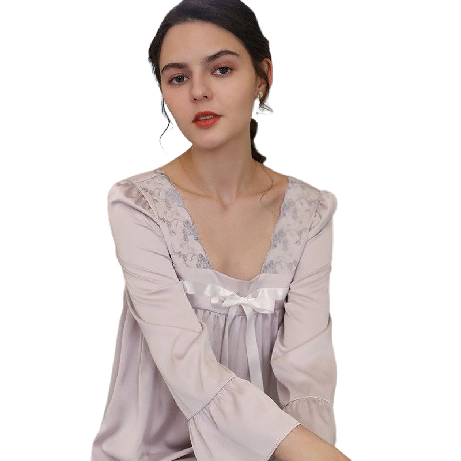 OFFSUM Camicia da Notte Donna - Camicia da Notte in Raso con Colletto Quadrato Primavera Estate Elegante Abito da Dolce Bowknot Abbigliamento da Notte in Tinta Unita in Stile Cinese