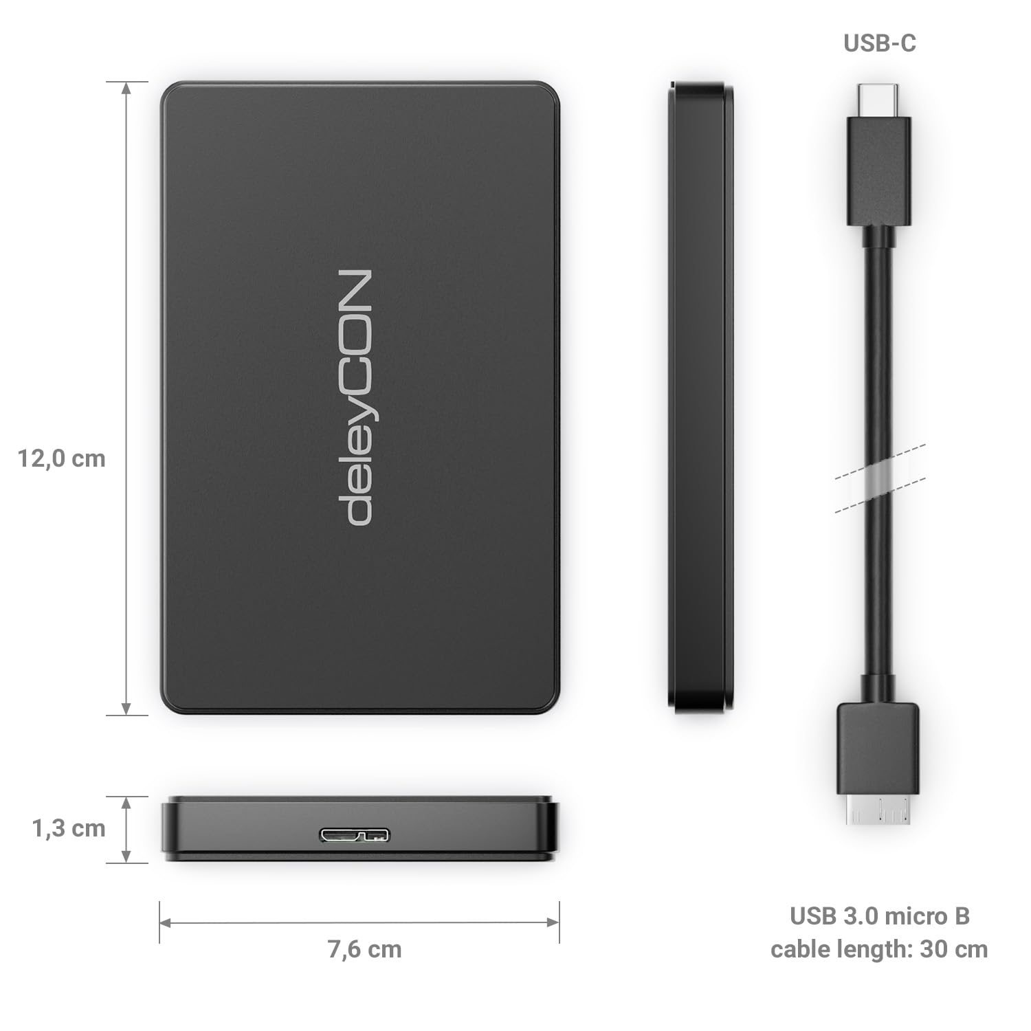 deleyCON Obudowa SSD USB C (5Gbps USB 3.1) do Dysków SATA 3 2,5" SSD / HDD / 7 mm do 9,5 mm SATA III Obudowa Zewnętrzna UASP [Czarna]