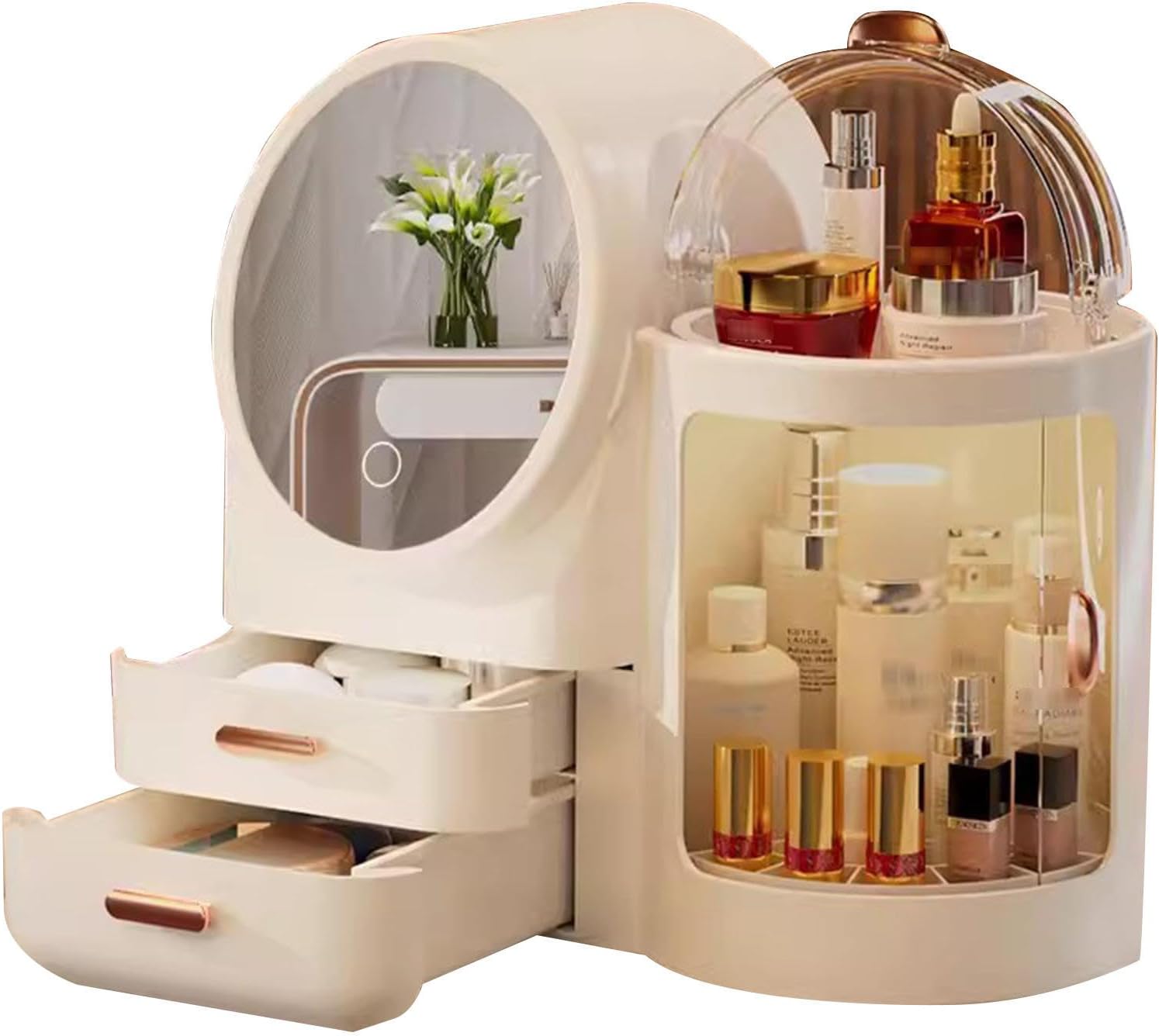 Makeup Organizer Cosmetics Storage Organizer with LED Lighted Mirror 3 Color Setting Make up Organizer Cosmetic Storage Display Case Dustproof Skincare Organizer (White)