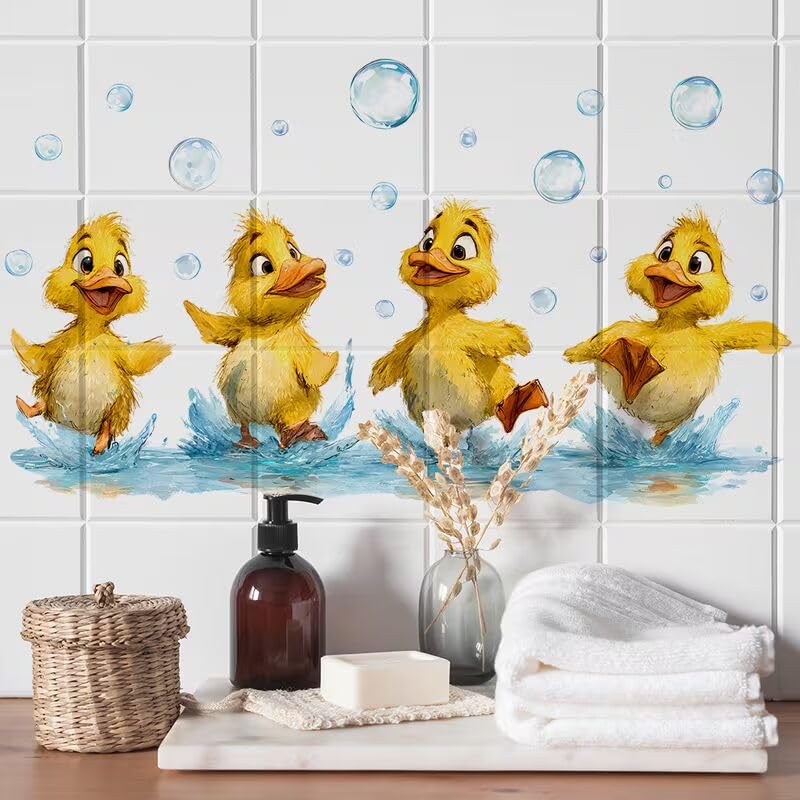 Duckling Wall Sticker for Bathroom Tiles, Colorful Decal | Bubble Design, Kids Bathroom Decor, Removable Vinyl, Water Splash Art, Easy Application-image-11
