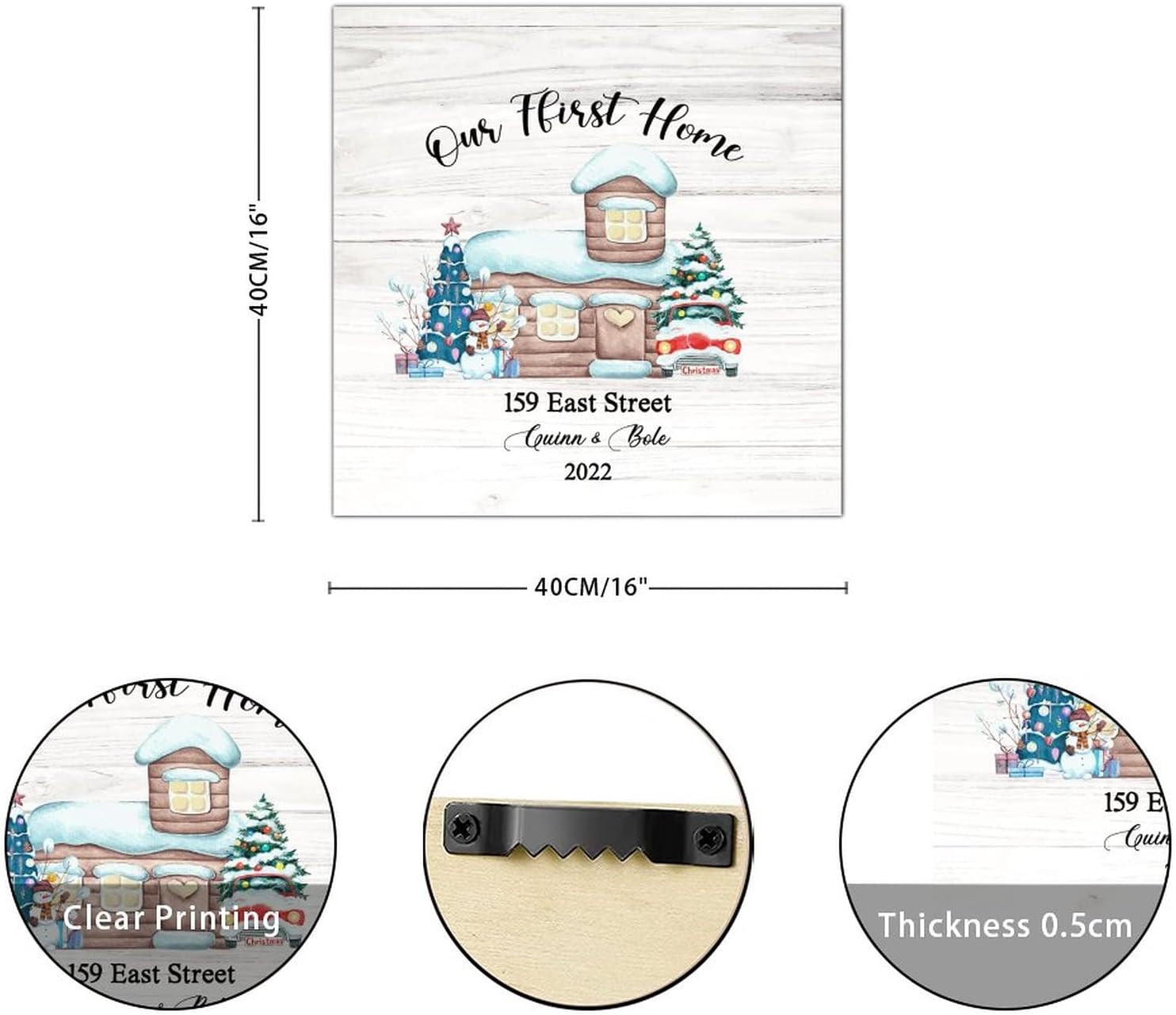 First Christmas in Our New Home Wooden Signs Winter House Custom Address Name Wood Panels Classic Hello Winter Wall Art Hanging Decorative For Home Bathroom Indoor Kitchen Garden 16x16in