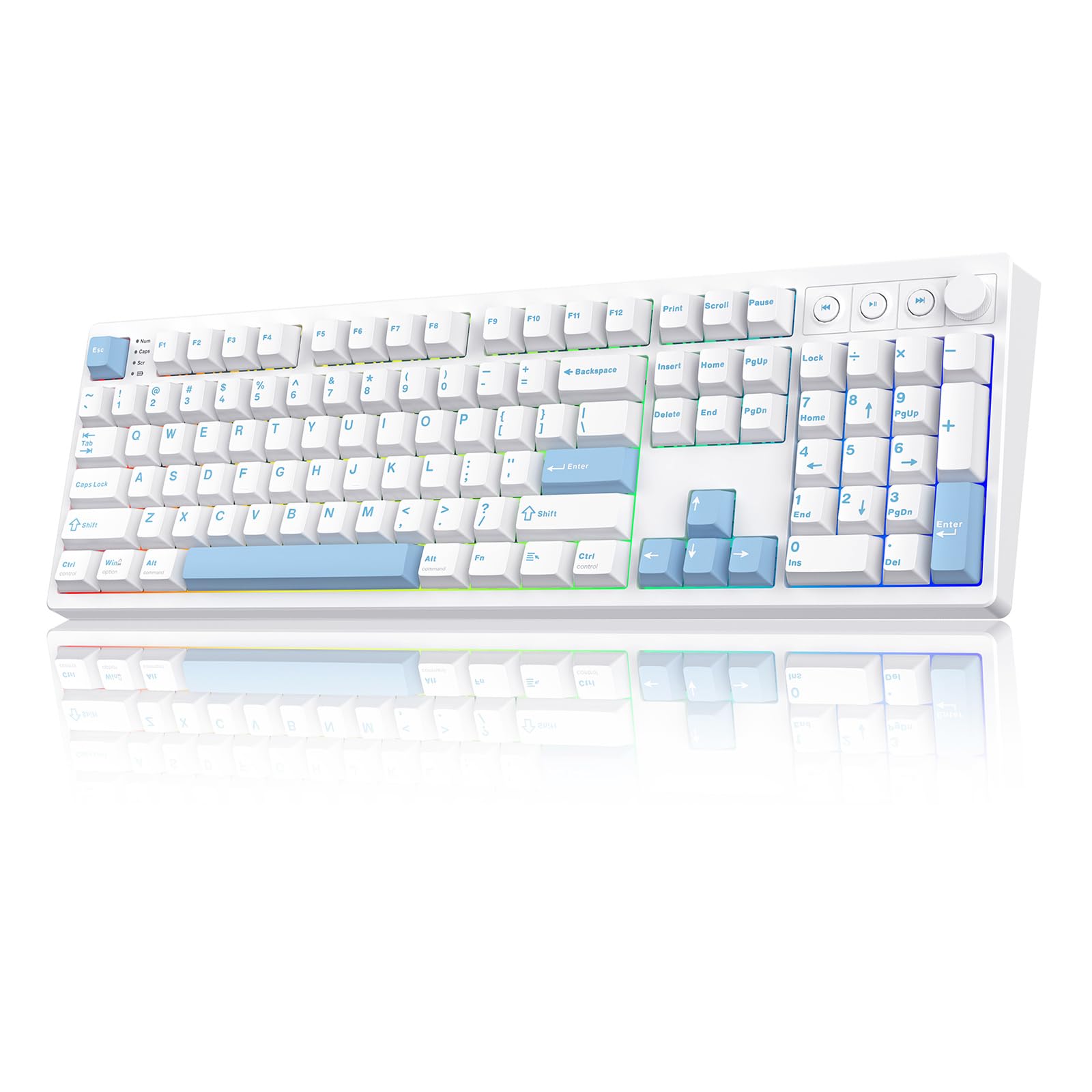 MechLands Vibe108 Full Size Mechanical Keyboard with Knob Multimedia Buttons Wireless Gaming Keyboard with 10000mAh Battery RGB Backlits