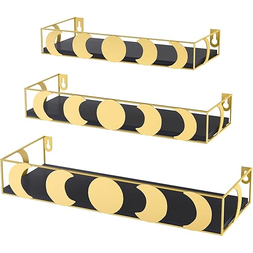 Moon Phase Wall Shelves Set of 3, Gold Floating Shelves with Black Board, Crystal Display Shelf for Witchy Wall Decor
