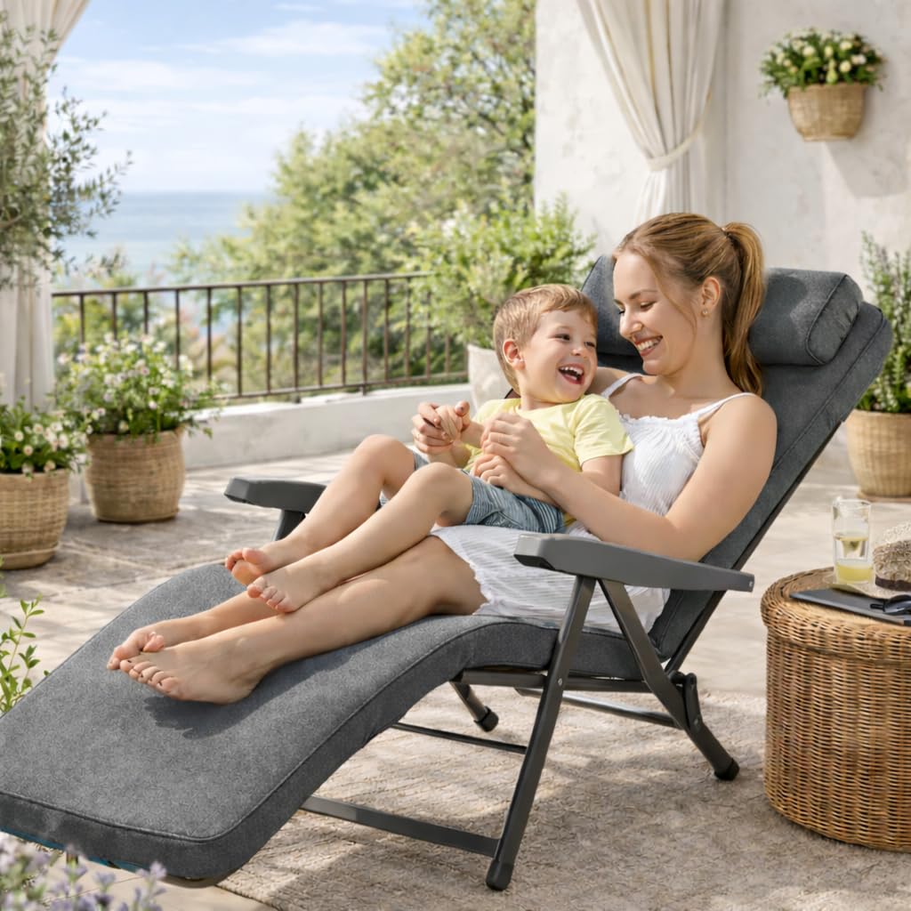 MA MAISON Poltrona Reclinabile Automatica Imbottita 154x60x65 cm - con Poggiatesta, 6 Posizioni, Braccioli Ergonomici, Struttura in Acciaio, Poggiapiedi, per Interno, Esterno - Made in Italy GRIGIO