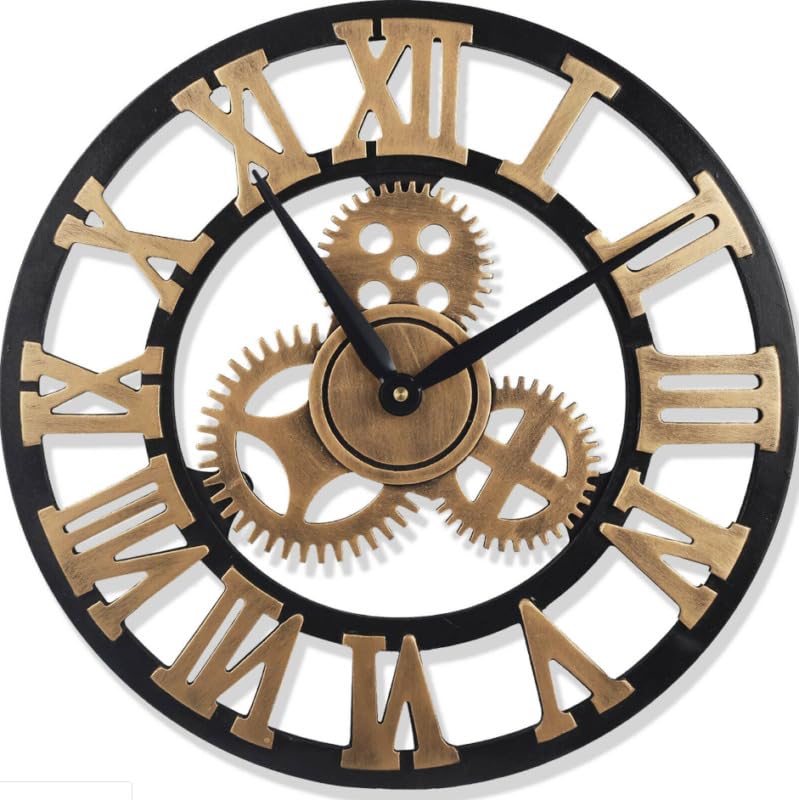 Heaven4you Large Indoor Wall Clock Big Roman Numerals Giant Open Face Wood/Metal for Living Room Bedroom Bar Office Gold 60cm