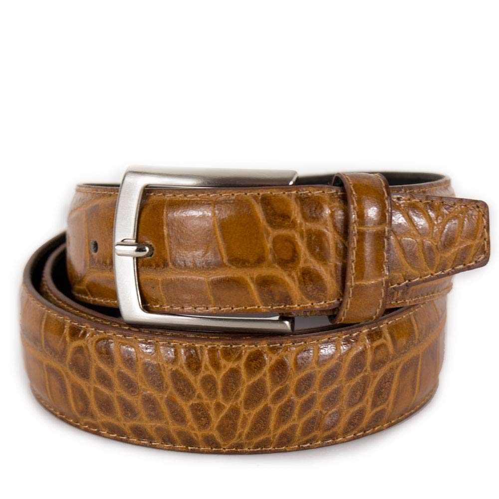 Emila Cintura uomo elegante stampa cocco da cerimonia cinta artigianale vitello stampata coccodrillo per abito x pantalone classica lavoro con fibbia 3,5 cm 35 mm cuciture made in Italy Vera Pelle