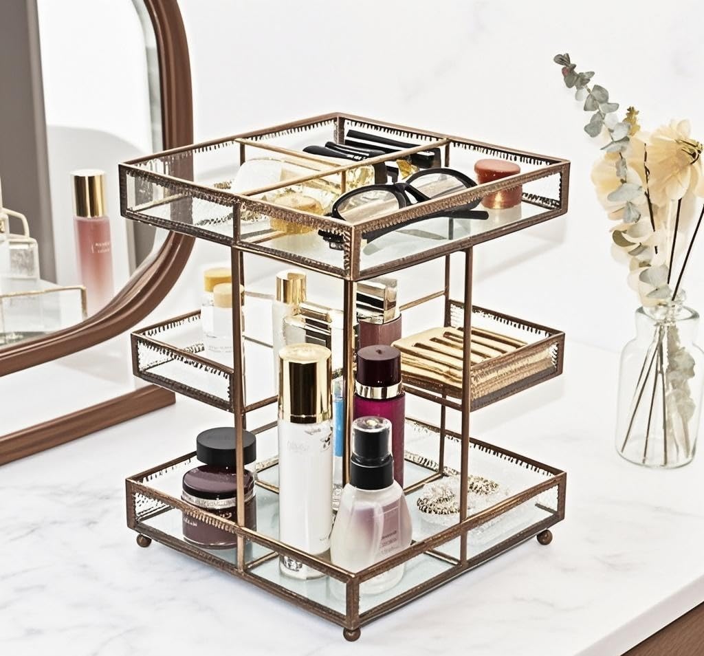 Vintage Glow Antique 360 Degree Rotating Makeup Organizer,4-Tier Spinning Perfume Tray,Countertop Cosmetic Storage ,Glass Beauty Display,Retro Large Capacity Vanity Organizer for Brushes Skincare