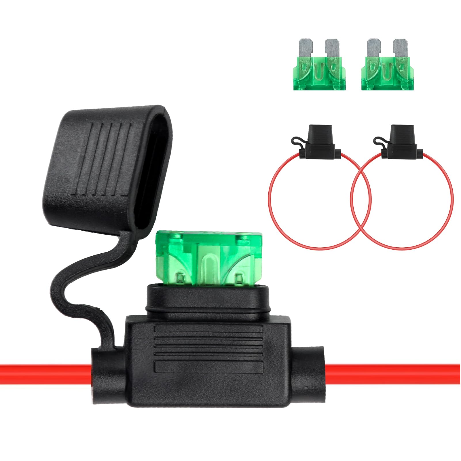 Inline Fuse Holder, 12 AWG Waterproof Blade Fuse Holders with Caps, Includes 30A Fuses, Copper Wire, Ideal for Car, Truck, Motorcycle, Boat (2)