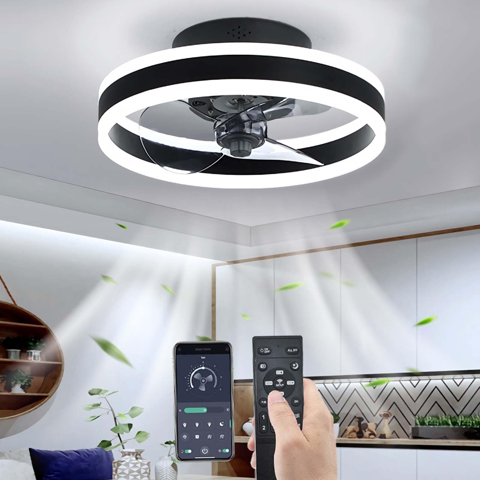 YUNZI Quiet Ceiling Fan with Light and Remote Control, LED 60W Dimmable Ceiling Lamp Modern Low Profile Ceiling Fans for Living Room Bedroom Lighting, 6 Speeds, Dimming Lights, Black, 40CM