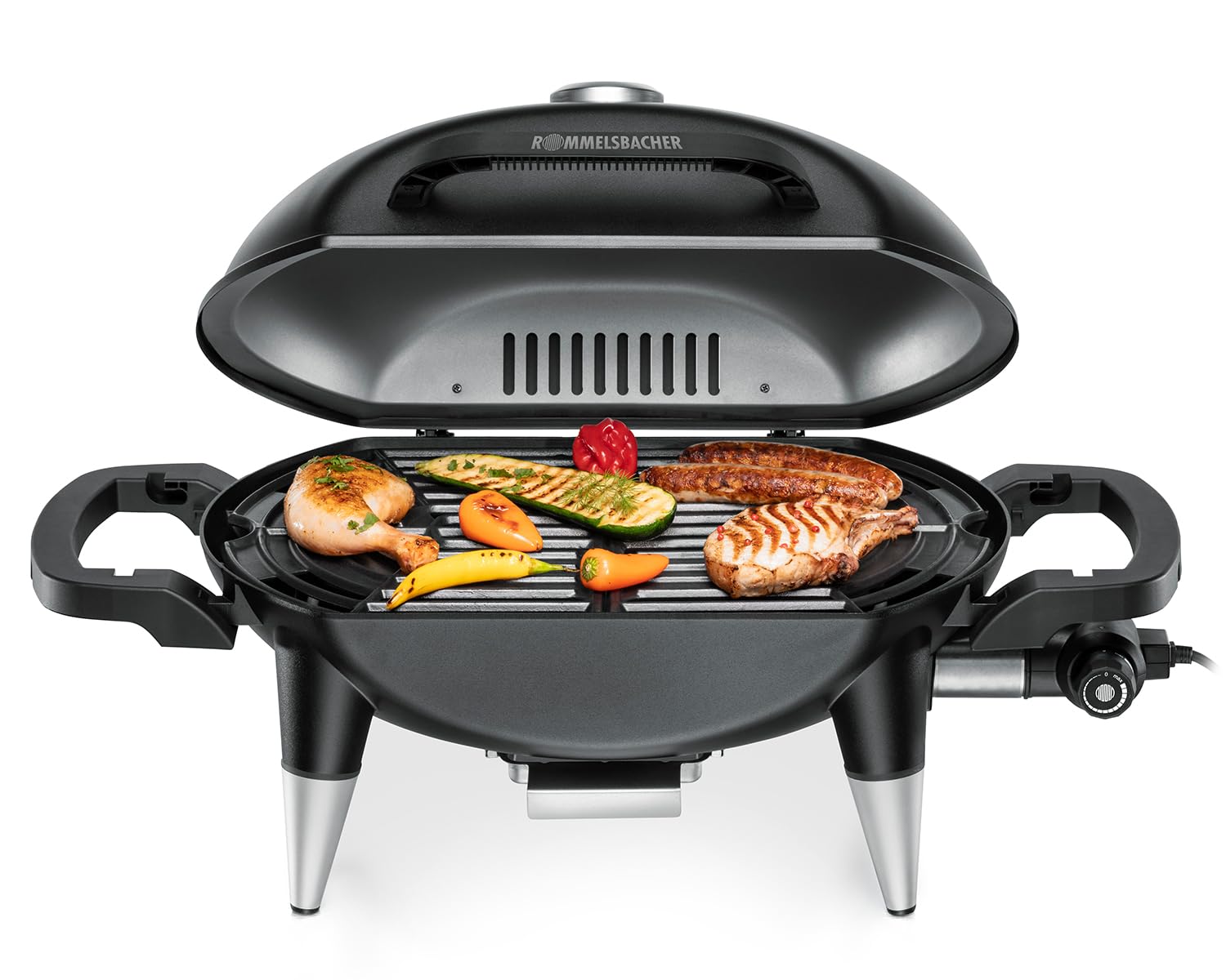 ROMMELSBACHER Barbecue Grill BBQ 4000, 2 pezzi, griglia in ghisa, coperchio a cerniera con indicatore di temperatura, temperatura fino a 300 °C, espandibile con carrello per barbecue, 2200 W