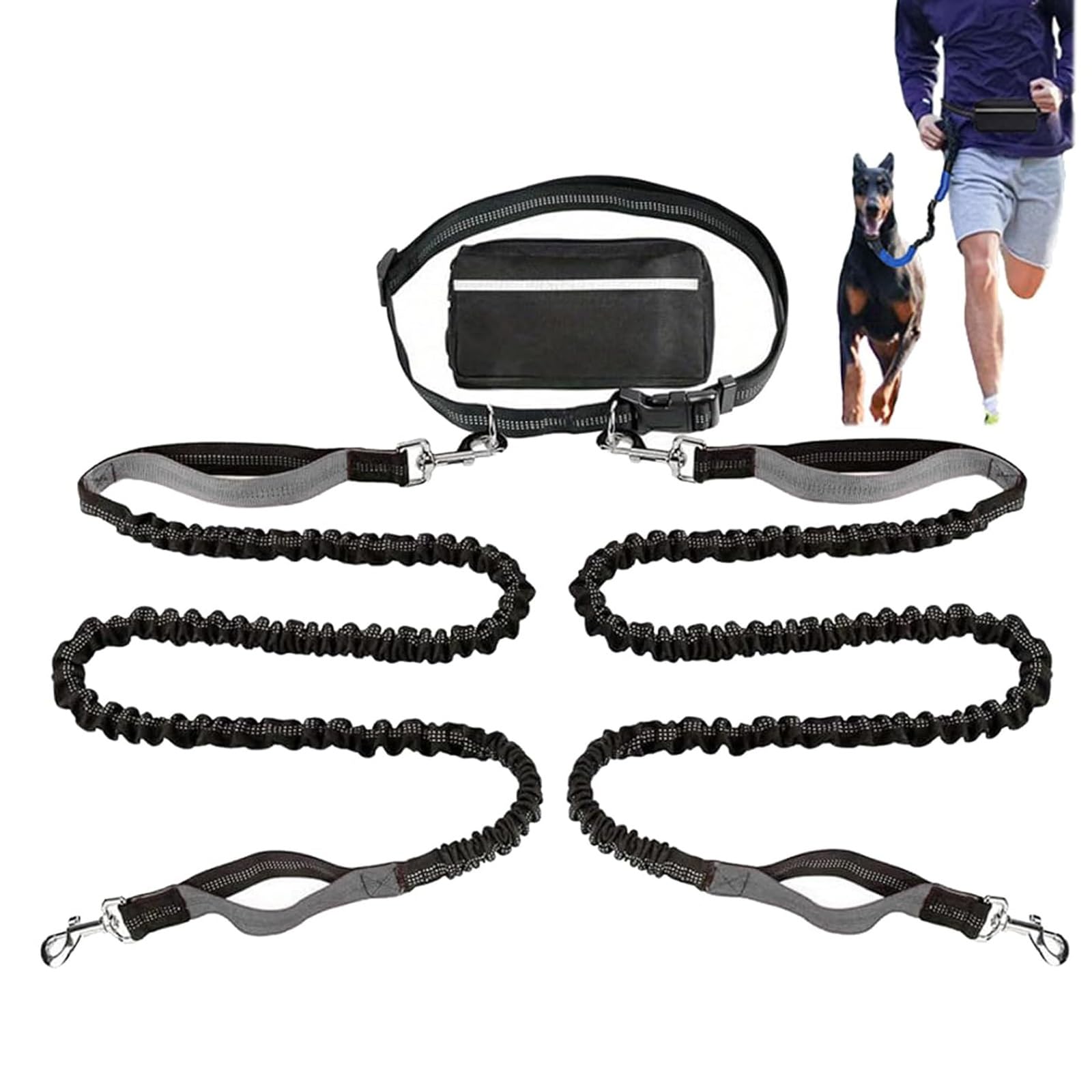 Laisse pour chien mains libres Upliftjoys double corde grise avec pochette zippée pour grand chien