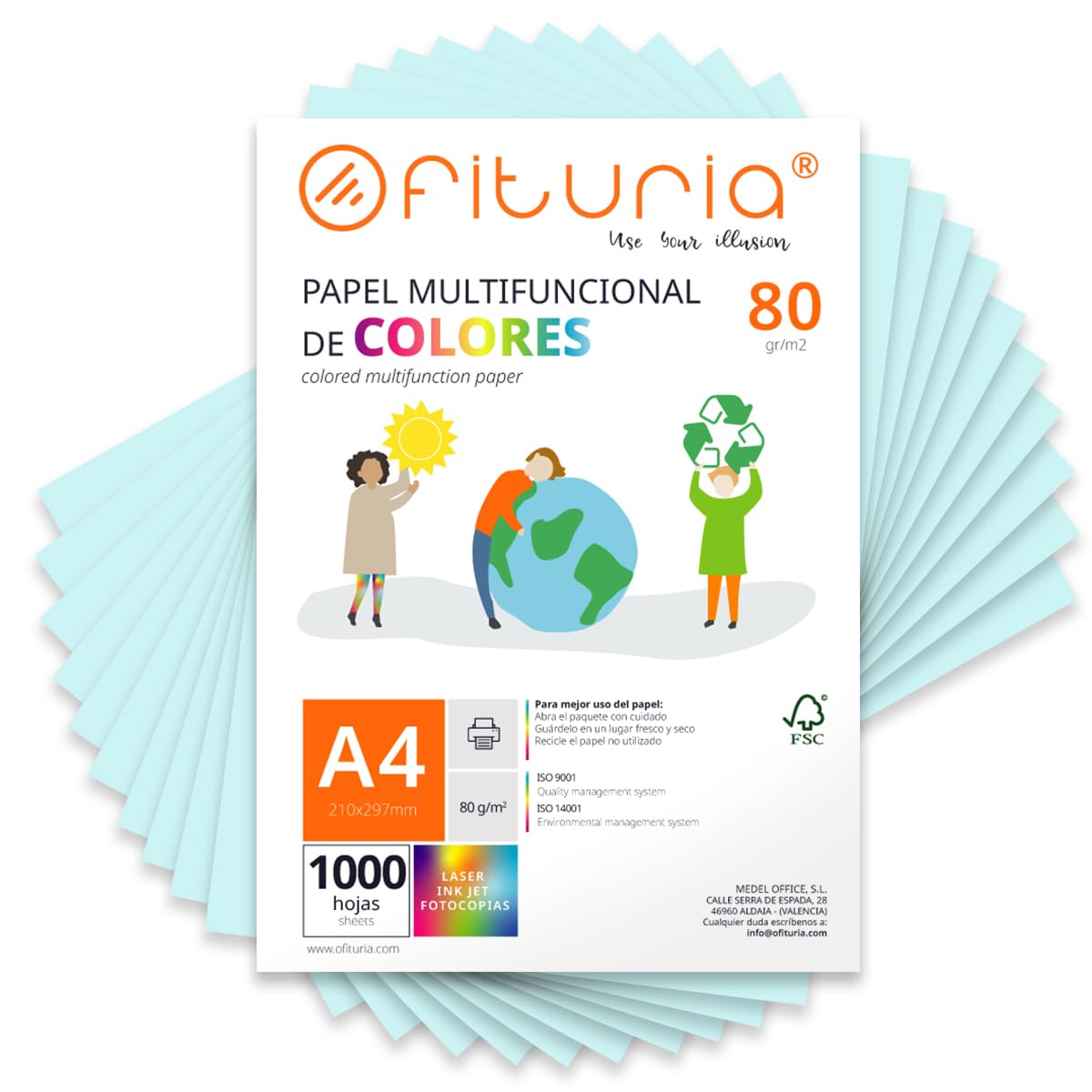 OFITURIA Buntes Papier, 1000 Blatt A4 80g – Farbiges Papier für Basteln, Drucker, Scrapbooking – Farbbögen (Hellblau, 1000 Blatt)