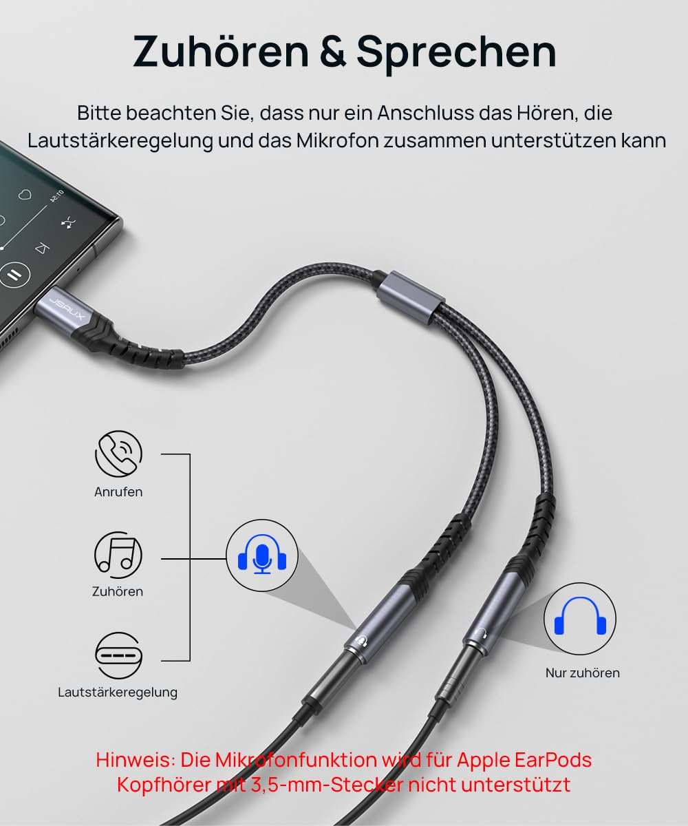 JSAUX Rozdzielacz słuchawek USB C jack AUX [28 cm] USB C na Dual 3,5 mm jack rozdzielacz audio Y kabel kompatybilny z iPhone 16/15 Pro Max Plus, Huawei P40, Galaxy S24 S23 S22 Ultra, kolor szary