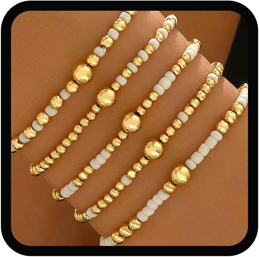 Yalice 5Pcs Boho Beaded Stretch Bracelets Set for Women 14K Gold Charm Stackable Summer Beads Ball Jewelry Gifts