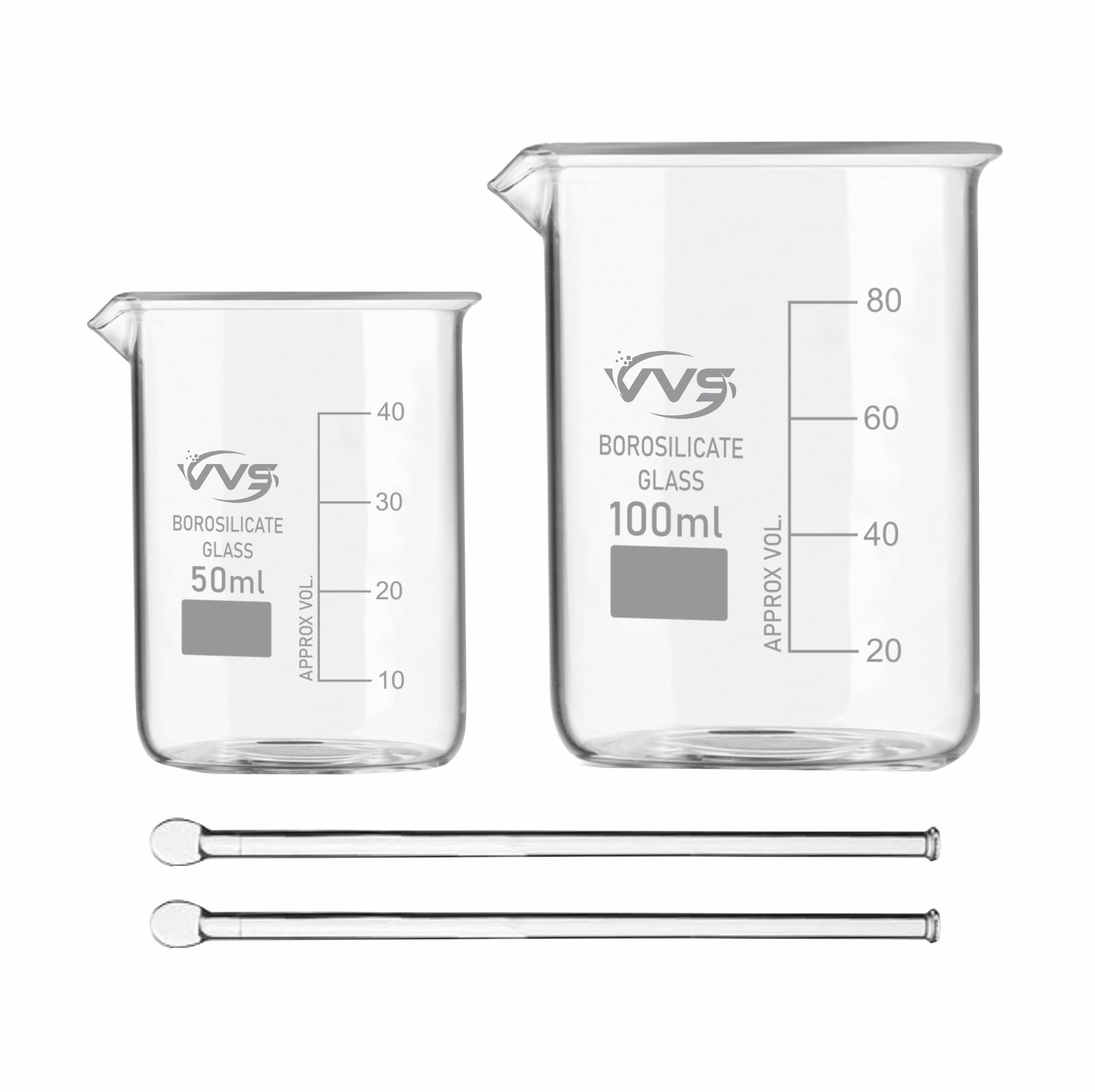 VVS Borosilicate 3.3 Glass Beaker 50ml, 100ml With Flat Stirring Rod 200mmX6mm 2 pcs Pack of 4 For School College Lab Laboratory Etc and professional use-image-36