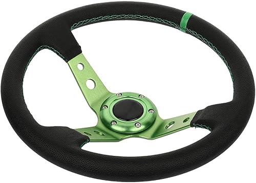 Miniatura 2 de SCITOO 350MM14inch Universal BK DISH Vinilo Verde Cuero Aluminio Coche Carreras Volante Deportes Drifting Wheel & Bocina Botón Aluminio Negro