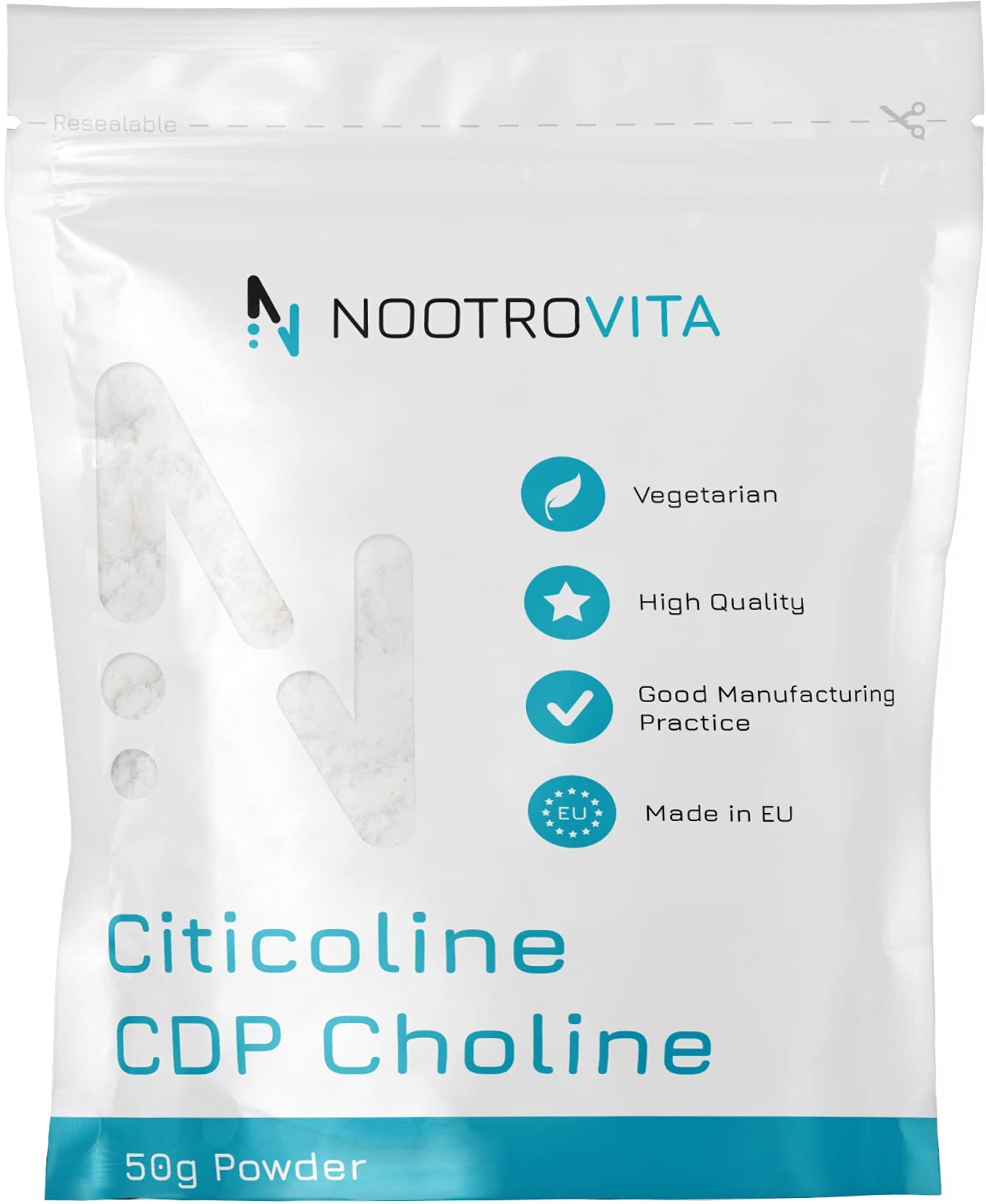 Citicolin CDP Cholin Pulver 50g - Für Gedächtnis, Konzentration und Kognitive Funktion | Keine Füllstoffe, Allergen Frei | Hergestellt in ISO-Zertifizierten Betrieben | Nootrovita
