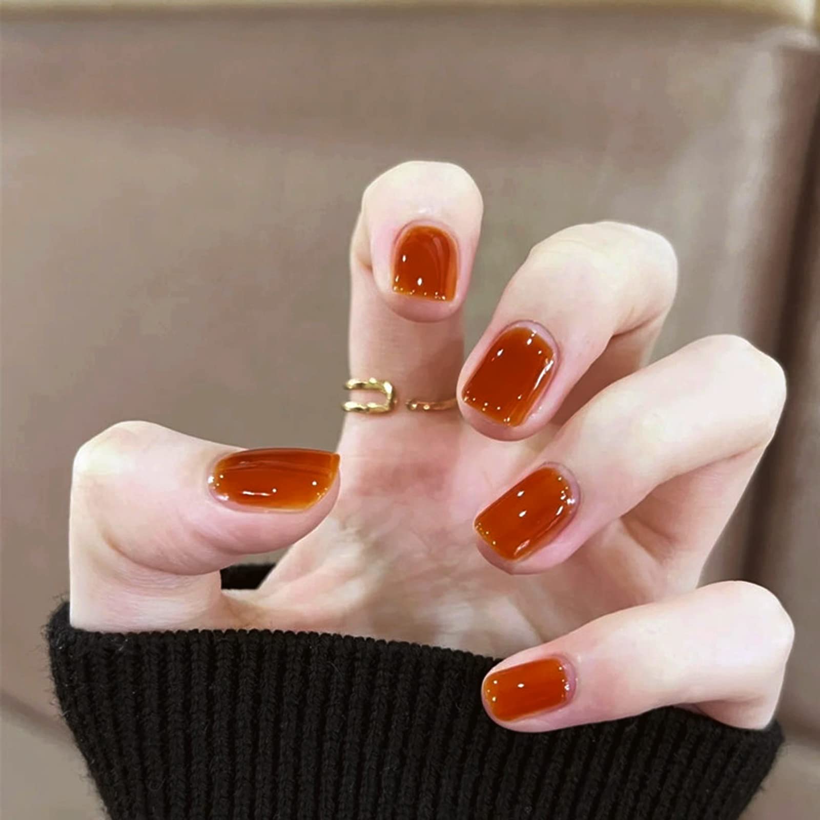 Kithue 24 Pcs Squoval Caramel Solid Color Fall Fshion Extra Short Press On Nails False Nails Fake Nails For Women And Girls