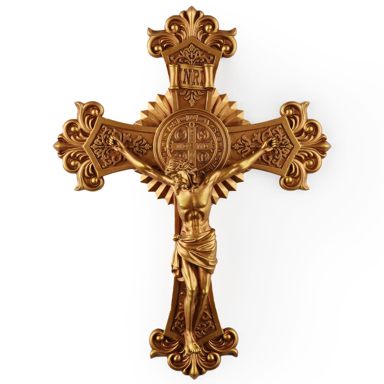 BC Catholic Saint Benedict Crucifix Wall Cross, Jesus Christ Home Decor, Religious Gift of Wedding, Renaissance Sculpture Gold Color Finish, 12"H, Hand Painted by Buildclassic