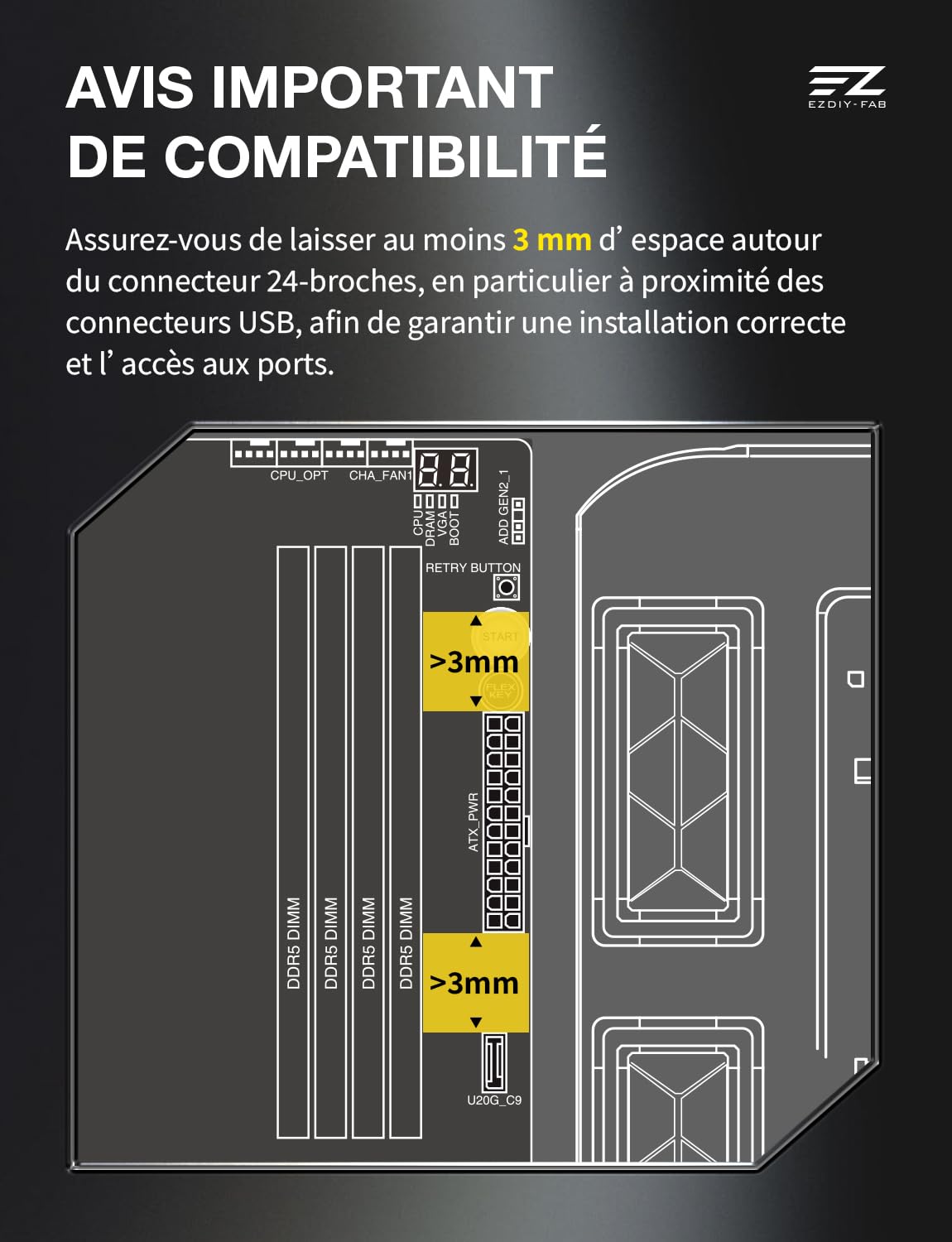 EZDIY-FAB Câble d'extension pour Alimentation PC UNIFAS ARGB 24 Broches, Extension d'alimentation ATX 24 Broches 16AWG, Design à Double Tube unifié pour Une Gestion Propre des câbles PC, Noir