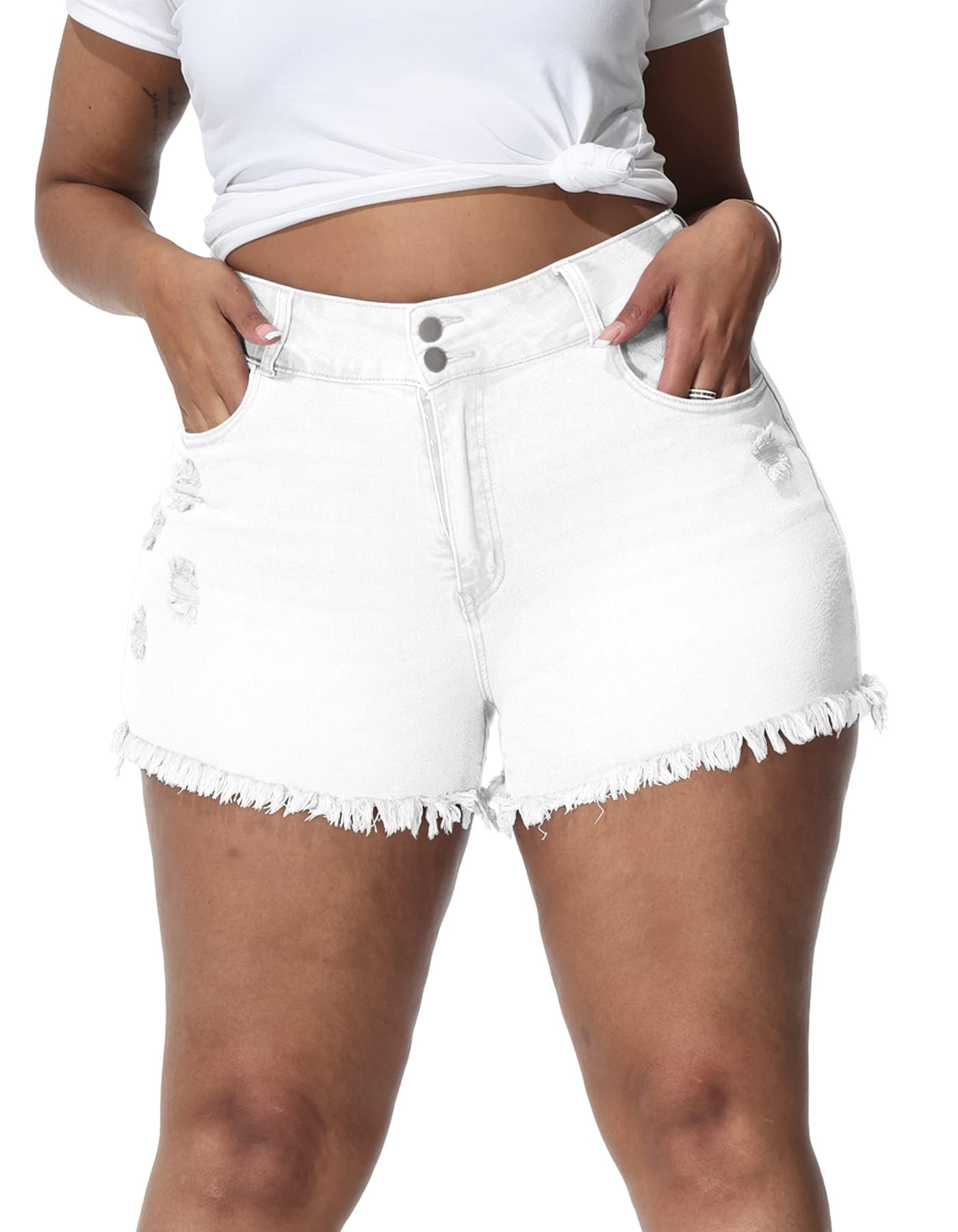 Gocolloa Plus Size High Waisted Raw Hem Denim Shorts