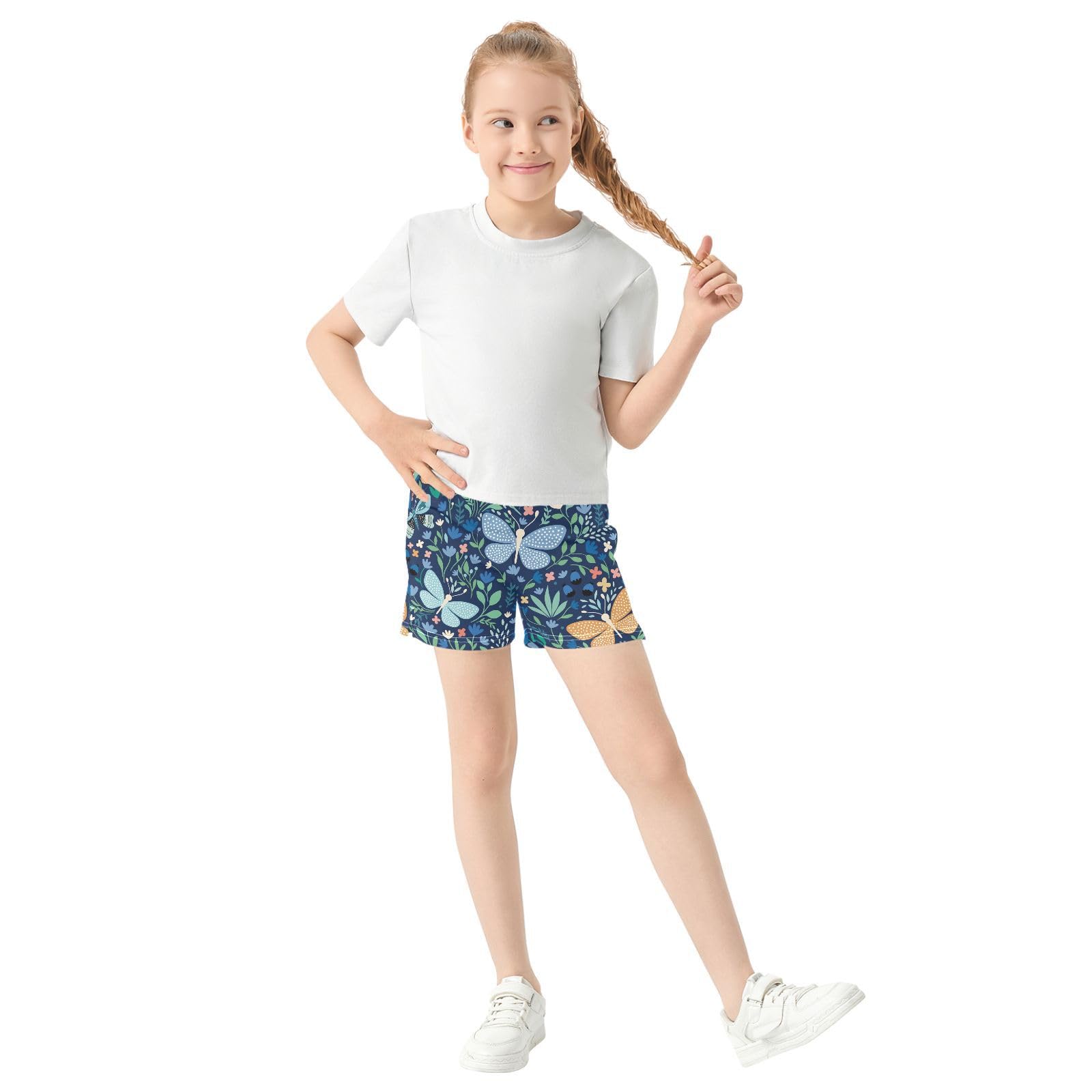 pnyoin Girl's Shorts Cute Butterflies Flower Athletic Running Shorts with Pockets Size 7-8t Multi