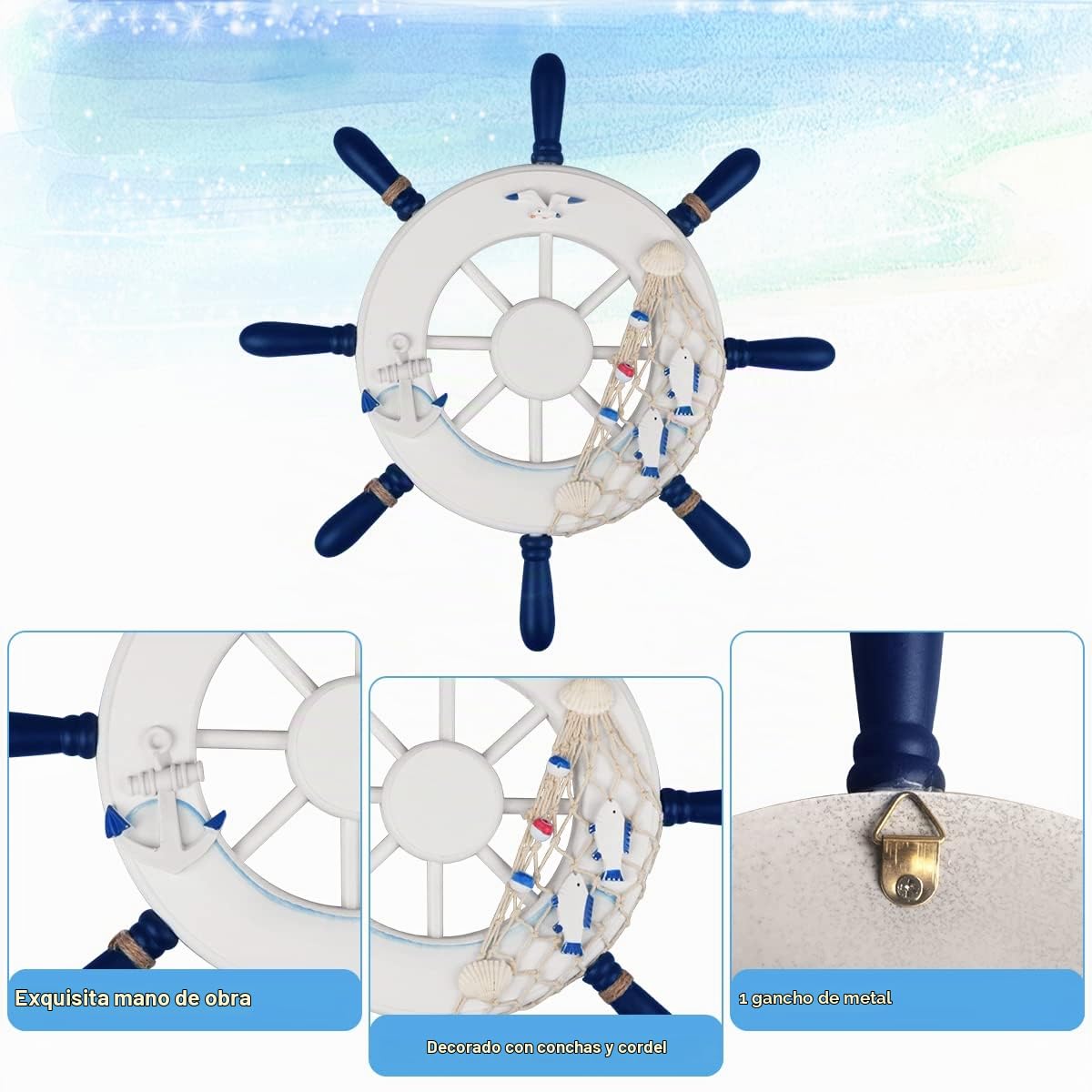 Fangoo 2 Pack 32 CM Rueda de Barco de Madera y 32 CM Ancla de Madera con Cuerda Barco náutico Dirección Timón Decoración de Pared Adorno Colgante de Puerta