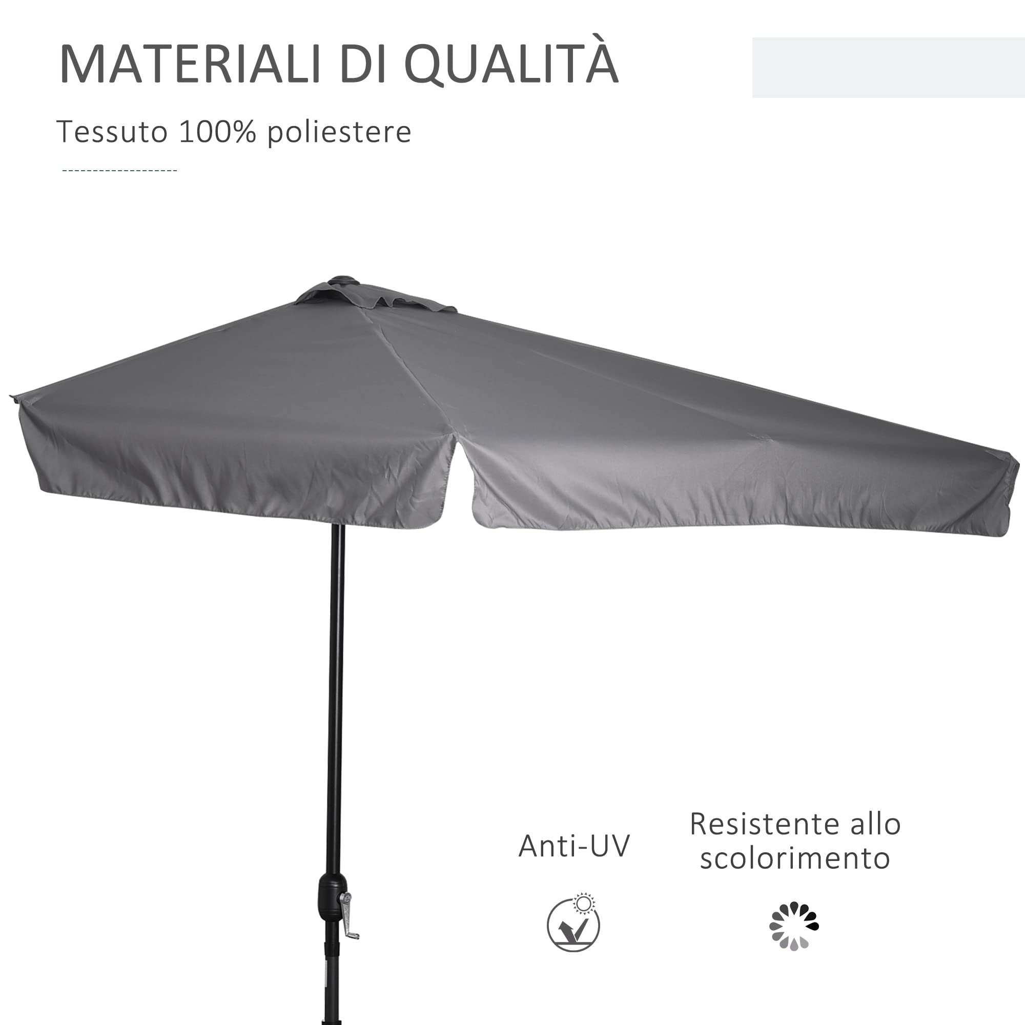 Outsunny Ombrellone Semicircolare per Parete con Manovella 2.3x1.3m | da Terrazza, Giardino e Balcone, Ombrellone in Metallo, Tessuto in Poliestere 180g/m²