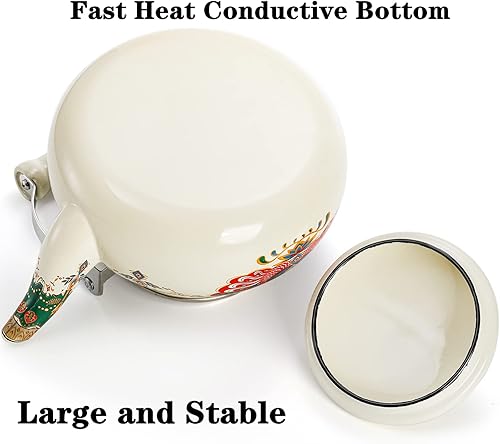 Miniatura 4 de DEAYOU Tetera esmaltada de 2.6 cuartos de galón, tetera grande esmaltada de porcelana, tetera vintage de 2.5 litros con mango frío de cerámica,