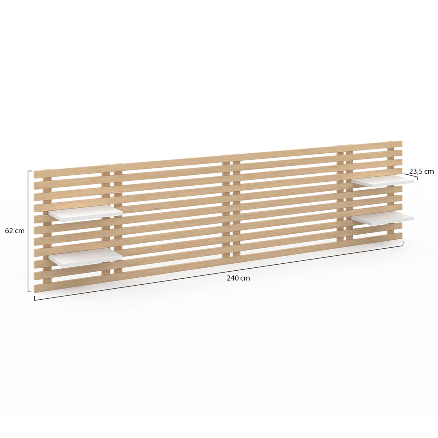 IDMarket - Tête de lit Suspendue en Lattes AVA 240 cm Bois Clair et étagères Blanches