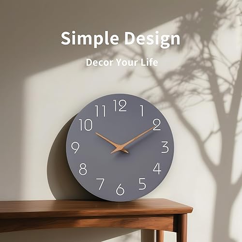 Miniatura 2 de Mosewa Reloj de pared gris de 8 pulgadas, funciona con pilas, silencioso, sin tictac, simple y moderno, reloj de madera decorativo para dormitorio,