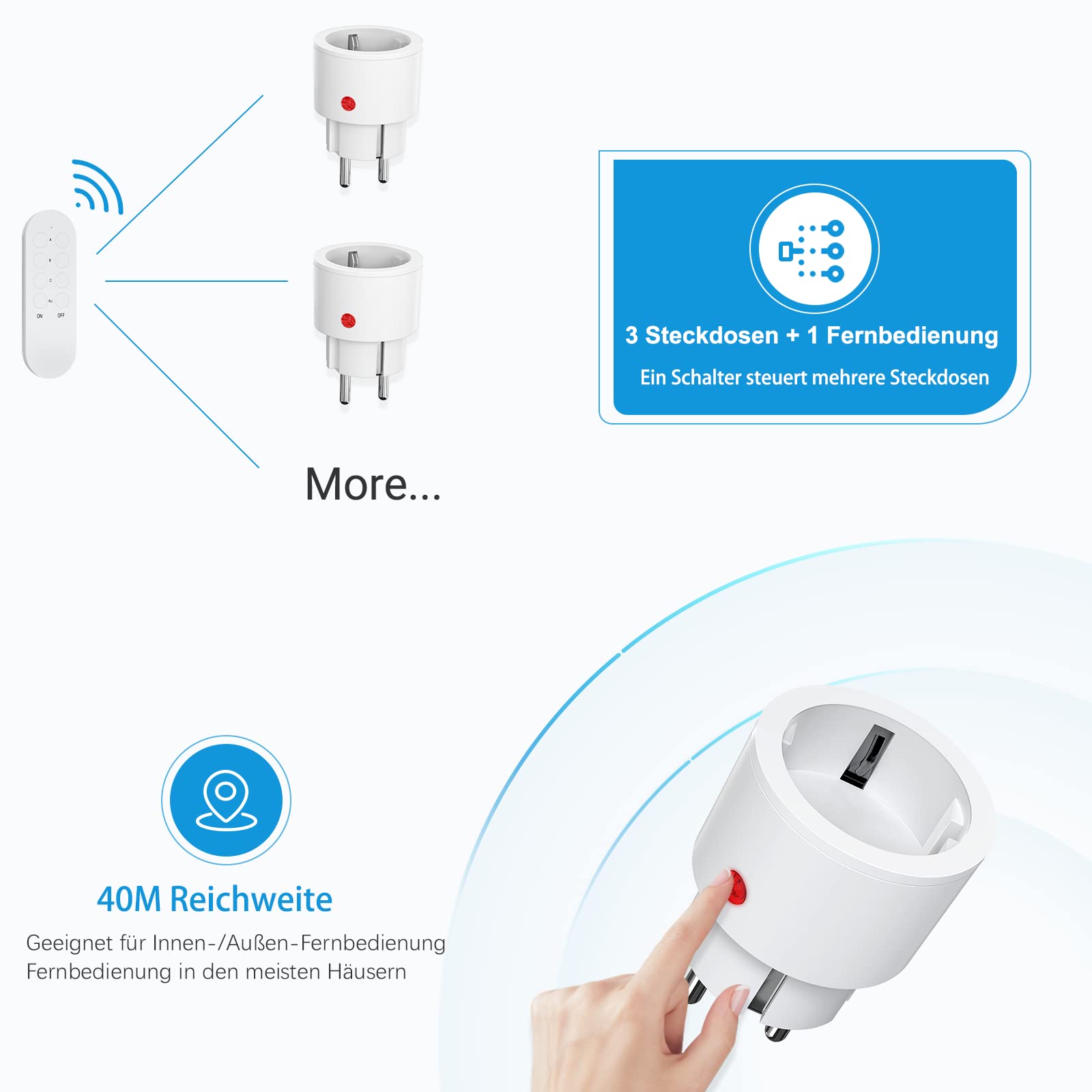Prese con telecomando, presa da 10 A/2300 W, portata di 40 m, prese radio con telecomando programmabile (2 T+5R)