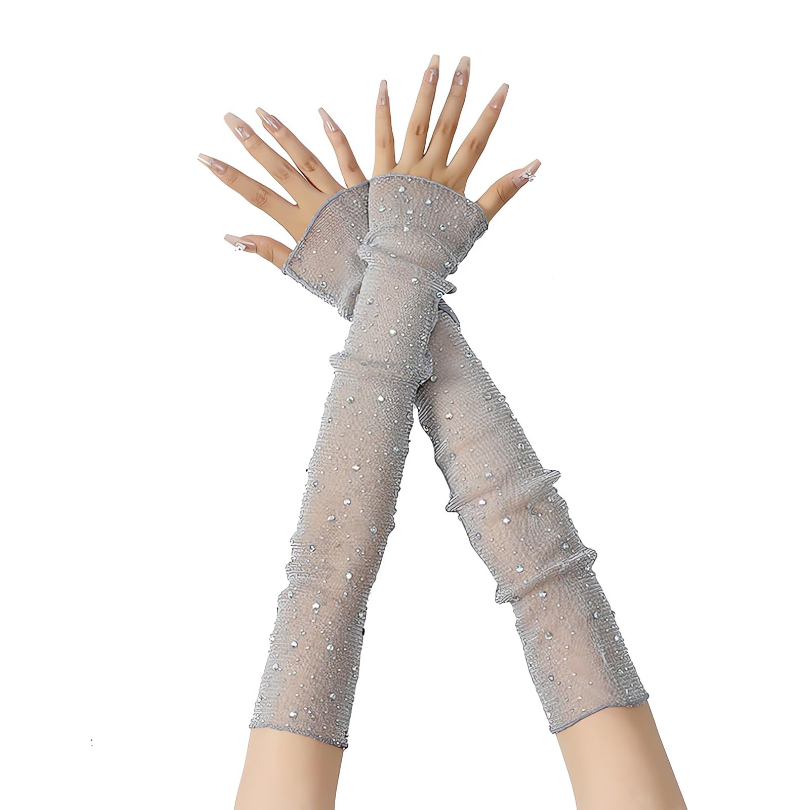 Ruichy Women's Gray Long Rhinestone Gloves, Mesh Sparkly Glitter Fingerless Opera Glove, Bling Elbow Length Evening Party Gloves For Halloween Wedding Prom, Sheer Crystal Sleeves Long Arm Sleeves Driving Accessory
